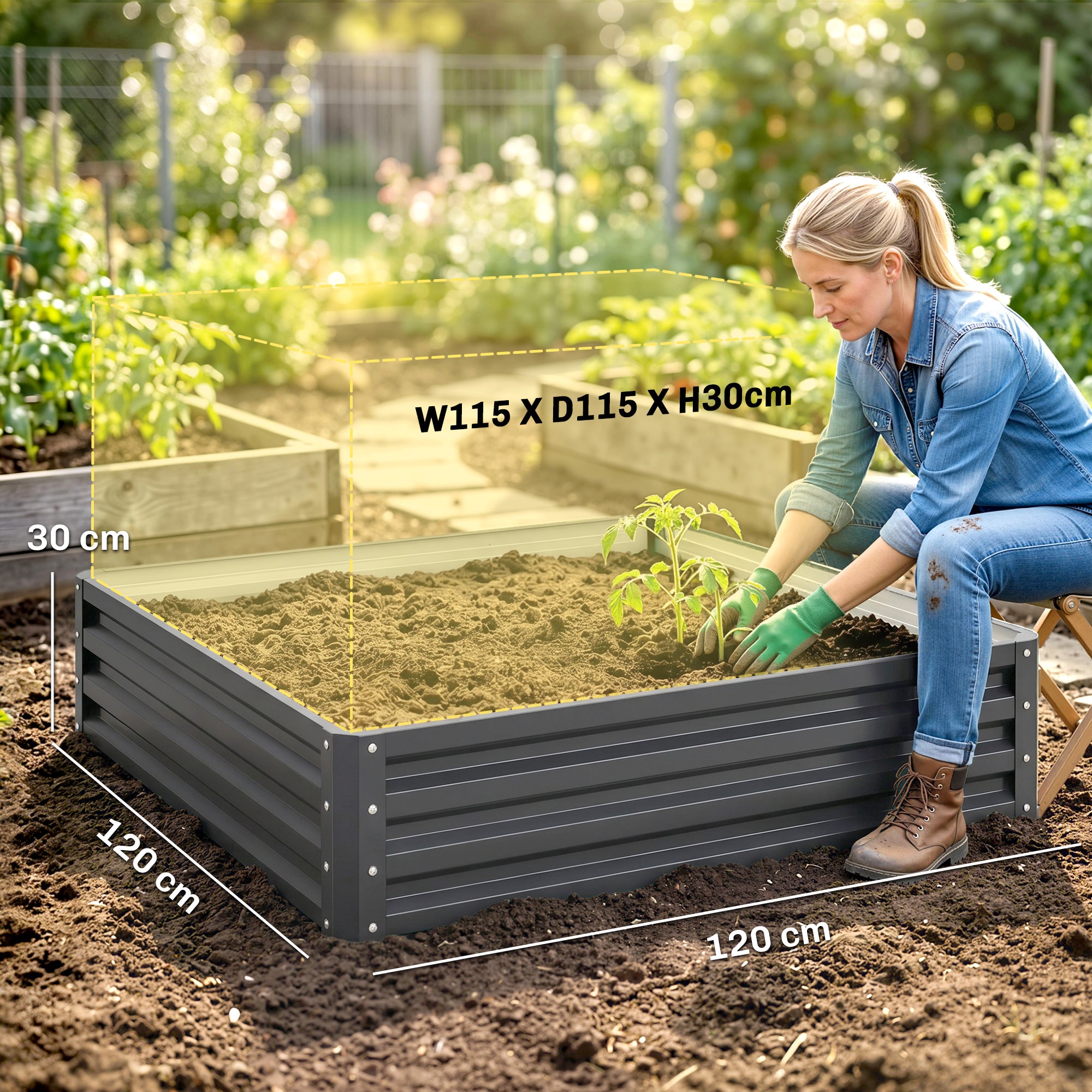 Outsunny 432L Square Raised Garden Bed Box Steel Frame for Vegetables, Flowers and Herbs, 120 x 120 x 30cm, Light Grey