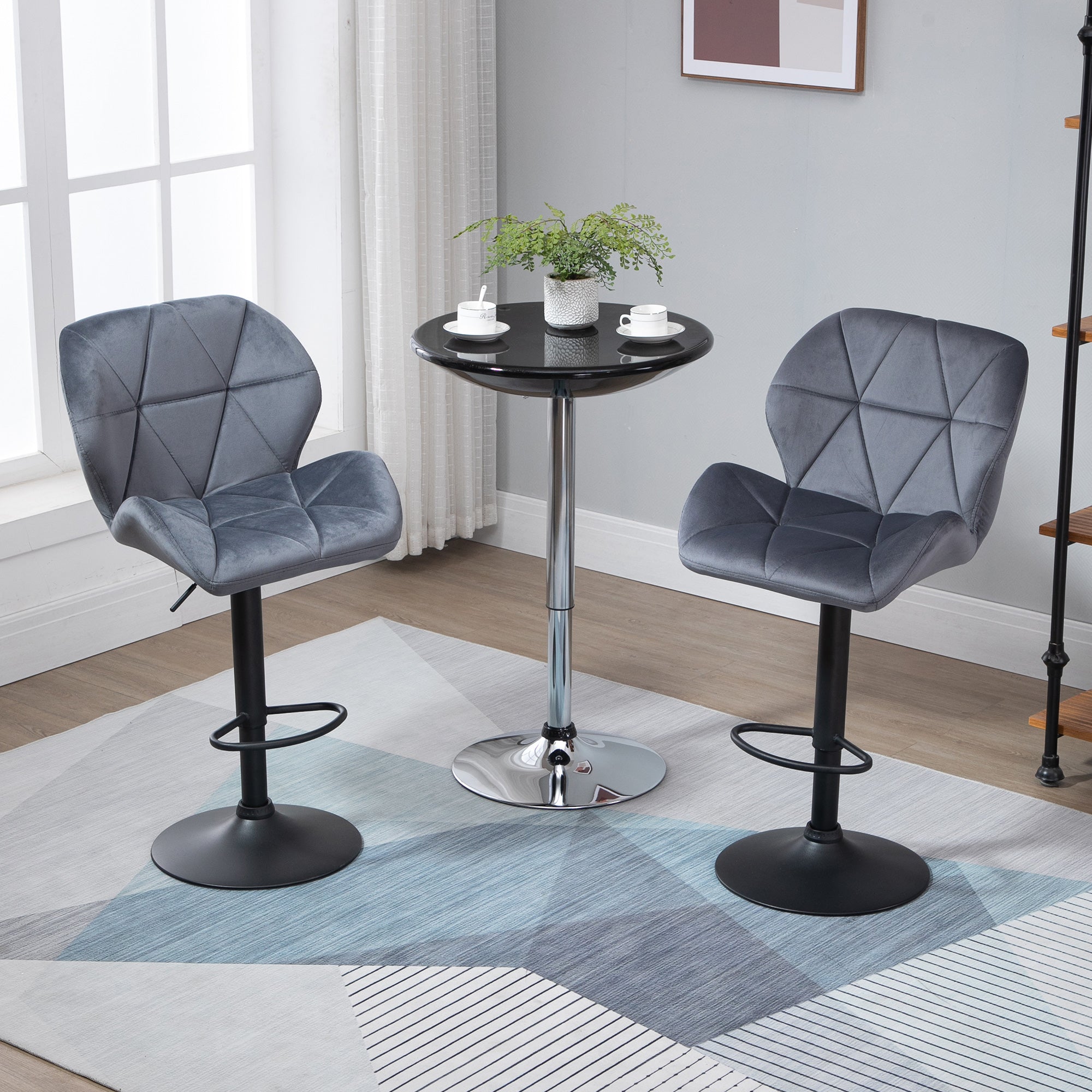 HOMCOM Adjustable Bar Stools Set of 2, Armless Upholstered Swivel Counter Chairs, Barstools with Back, Footrest, Dark Grey - North Peak Garden Furniture