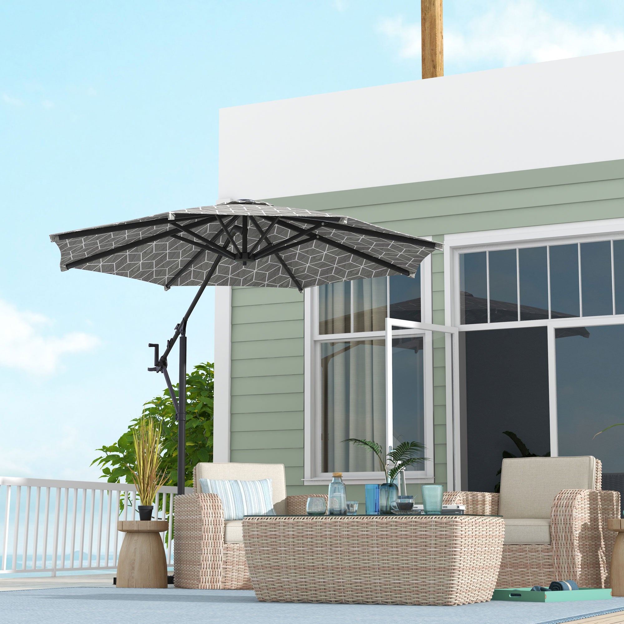 Outsunny 3(m) Convertible Cantilever Parasol and Centre-post Garden Parasol with Cross Base, 360° Rotation Banana Parasol with Crank Handle and 8 Ribs, Hanging Patio Umbrella, Black and White