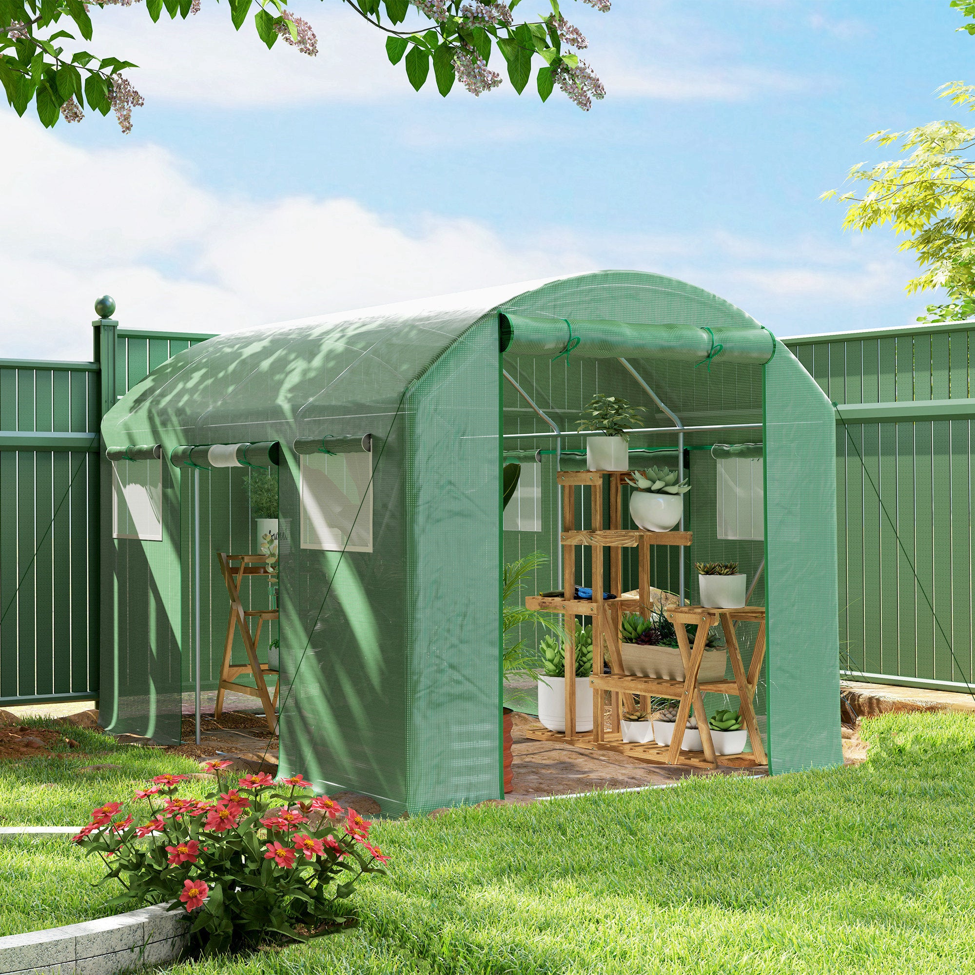 Outsunny 9.8 x 6.6ft Walk-In Polytunnel Greenhouse - Green - North Peak Garden Furniture