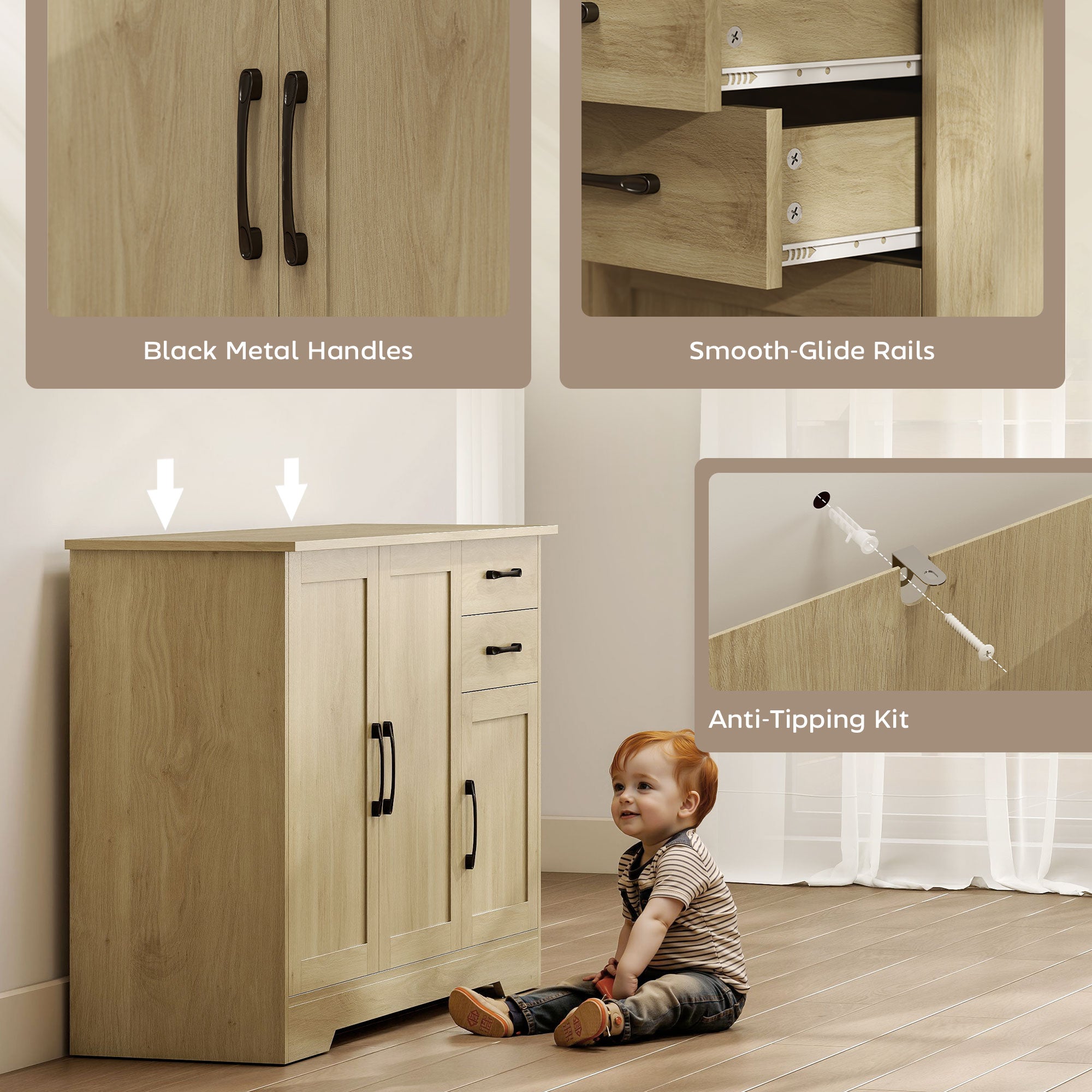 HOMCOM Sideboard with 2 Drawers Modern Storage Cabinet, Kitchen Cupboard with Adjustable Shelf and 3 Doors Natural