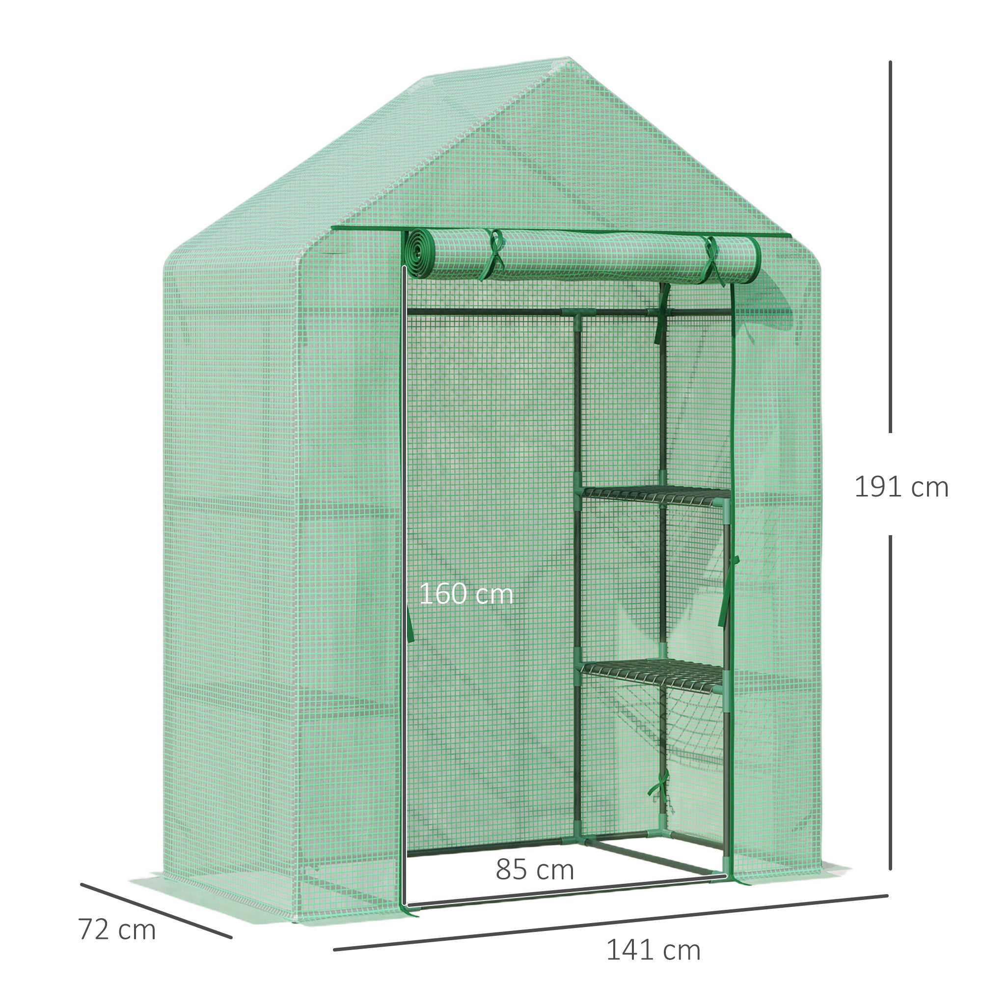 Outsunny Walk In Greenhouse for Outdoor, Portable Gardening Plant Grow House with 2 Tier Shelf, Roll-Up Zippered Door, PE Cover, 141 x 72 x 191cm, Green