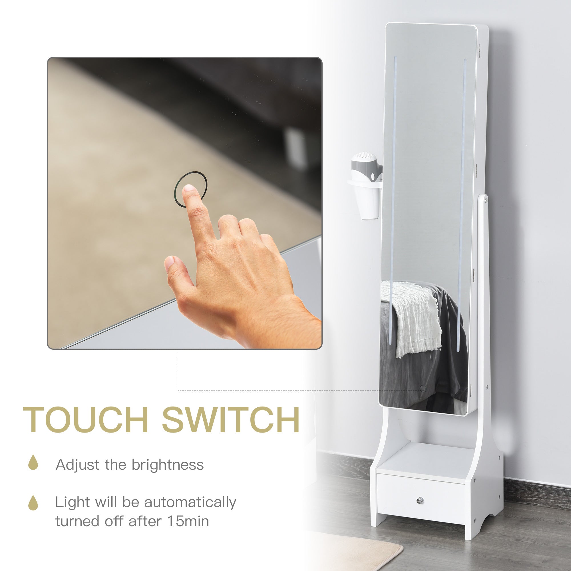 HOMCOM Jewellery Cabinet, Full Length Mirror with Storage, Free Standing Mirror with LED Lights, Hooks, Drawer and Hairdryer Holder for Bedroom, White - North Peak Garden Furniture