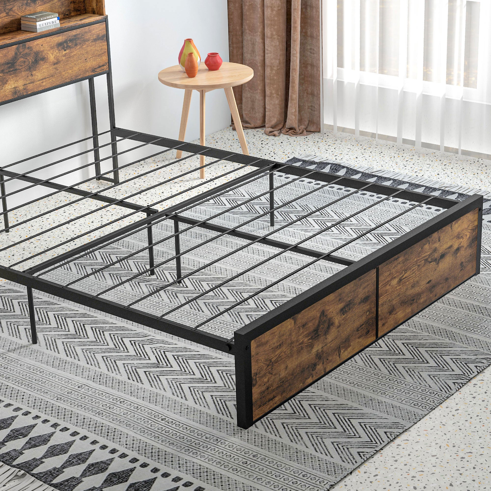 HOMCOM Industrial King Bed Frame, 5.2FT Steel Bed Base with Storage Headboard, Footboard, Slatted Support and Under Bed Storage, 158 x 222cm, Rustic Brown