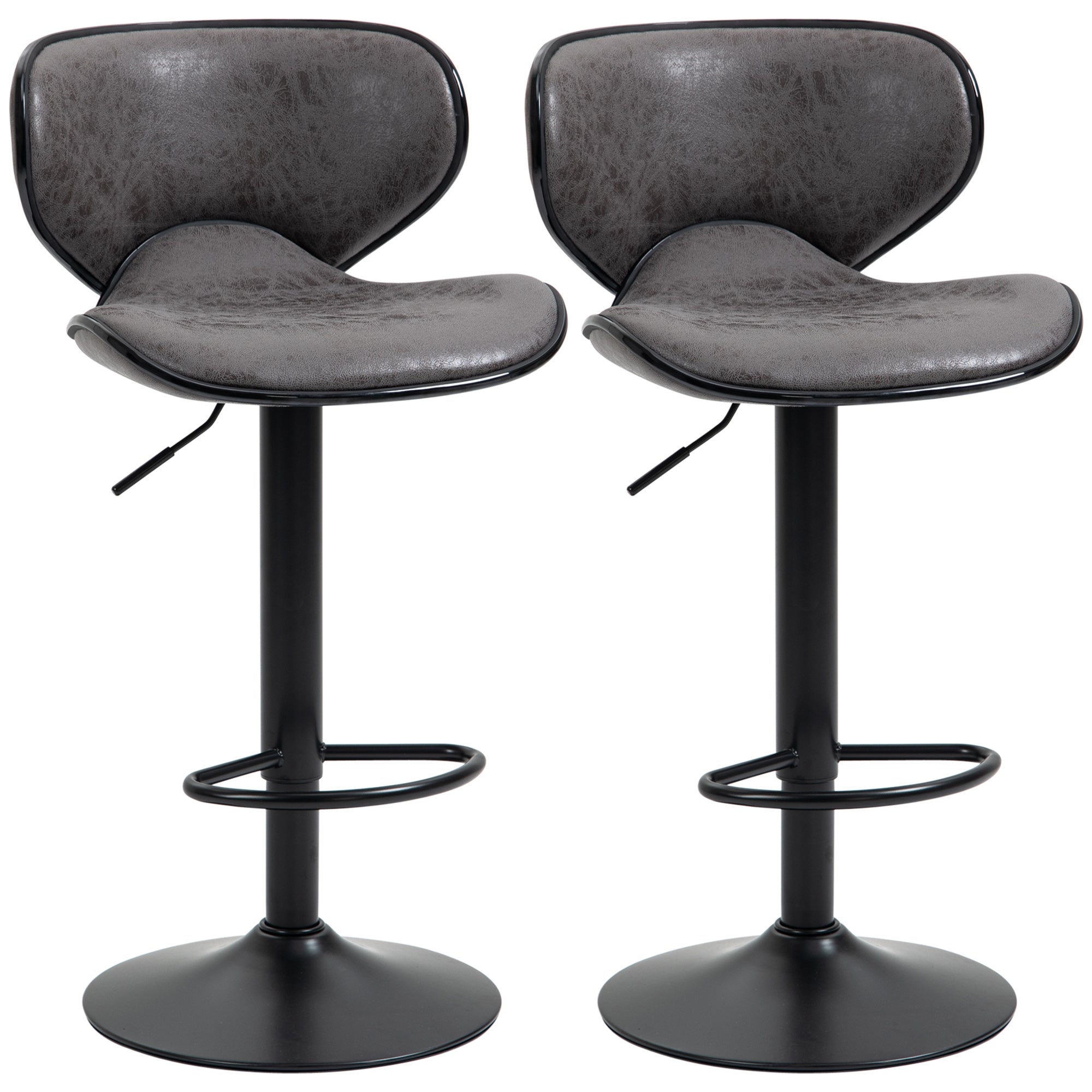 HOMCOM Adjustable Bar Stools Set of 2, Swivel Leathaire Upholstered Barstools with Large Seat, Breakfast Bar Chairs with Back, Footrest and Steel Base, Dark Grey