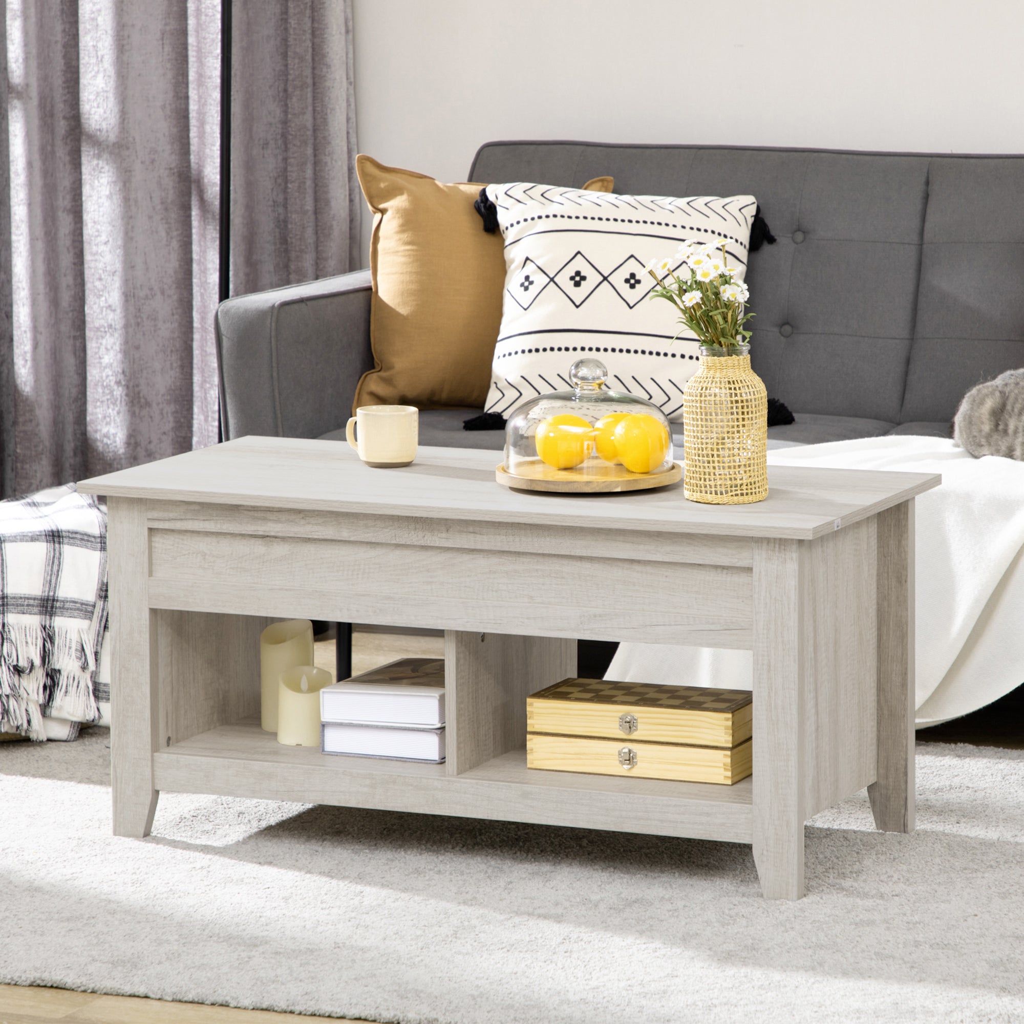 HOMCOM Lift Top Coffee Table w/ Hidden Storage Compartment Open Shelves Lift Tabletop Pop Up Centre Table for Living Room Oak Effect