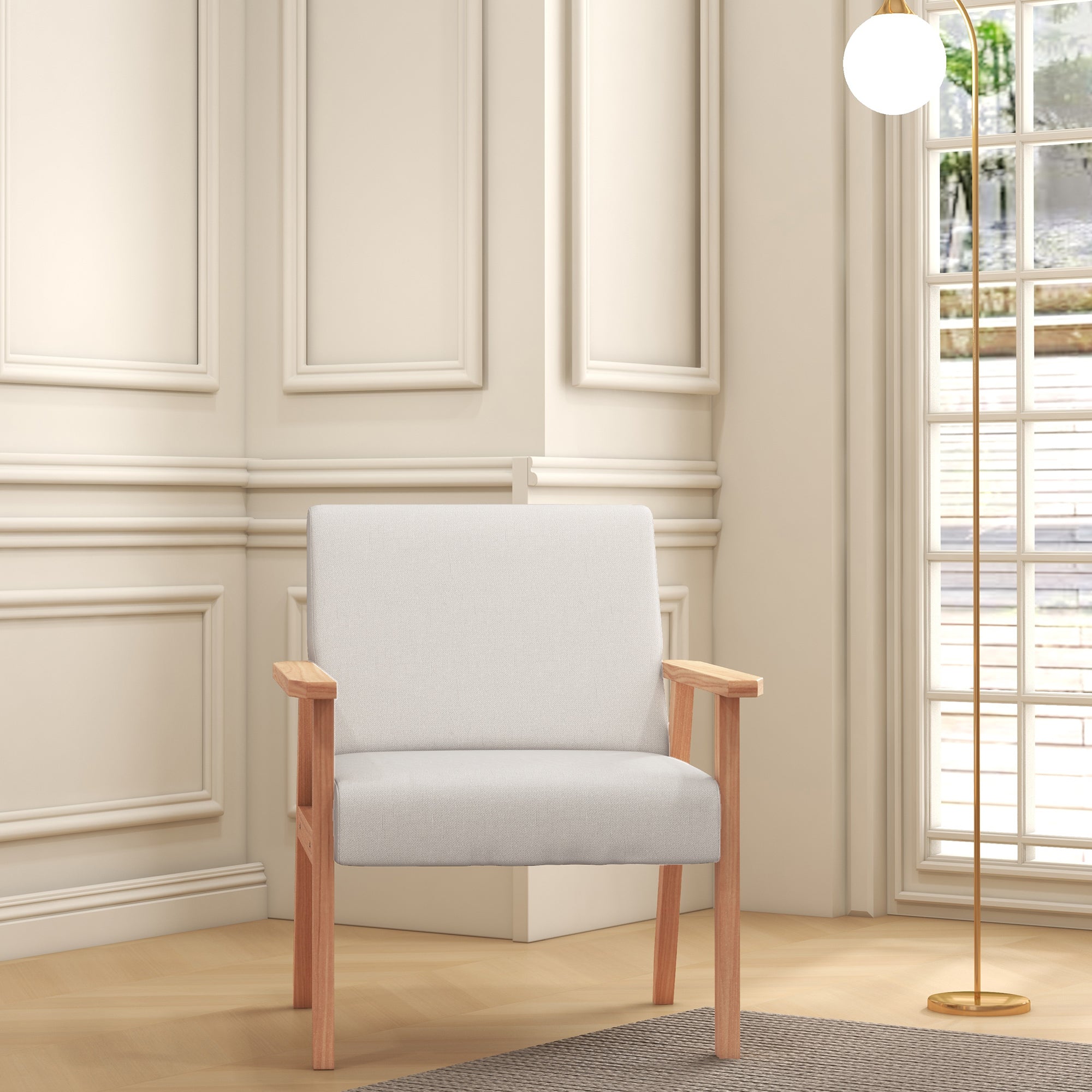 HOMCOM Accent Chair Wood Frame with Thick Linen Cushions Wide Seat Armchair Home Furniture Bedroom Office Cream White - North Peak Garden Furniture