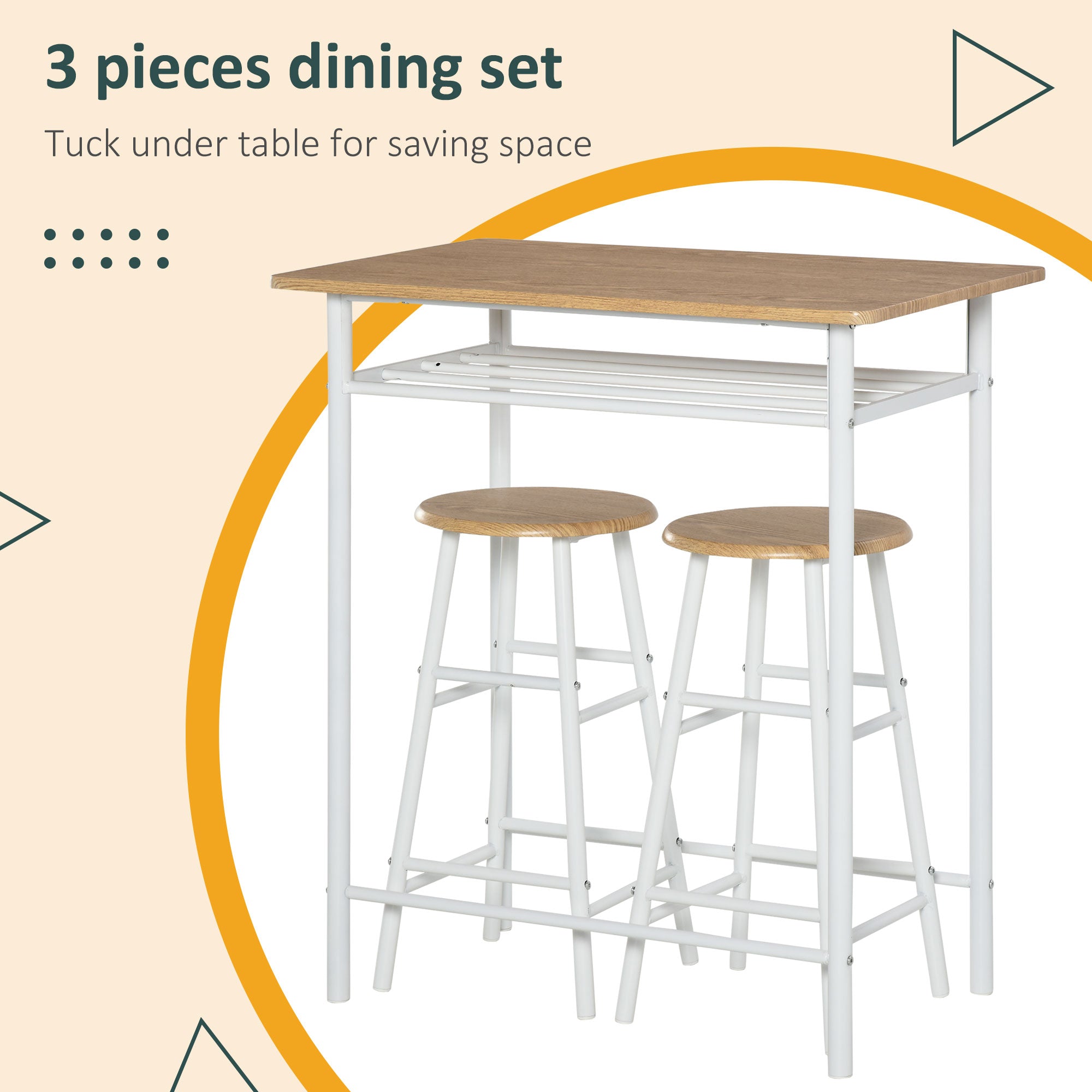 HOMCOM Bar Table Set, Bar Table and Stools Set, Footrest and Storage Shelf, for Kitchen, Dining Room, Pub, Cafe, White and Oak - North Peak Garden Furniture