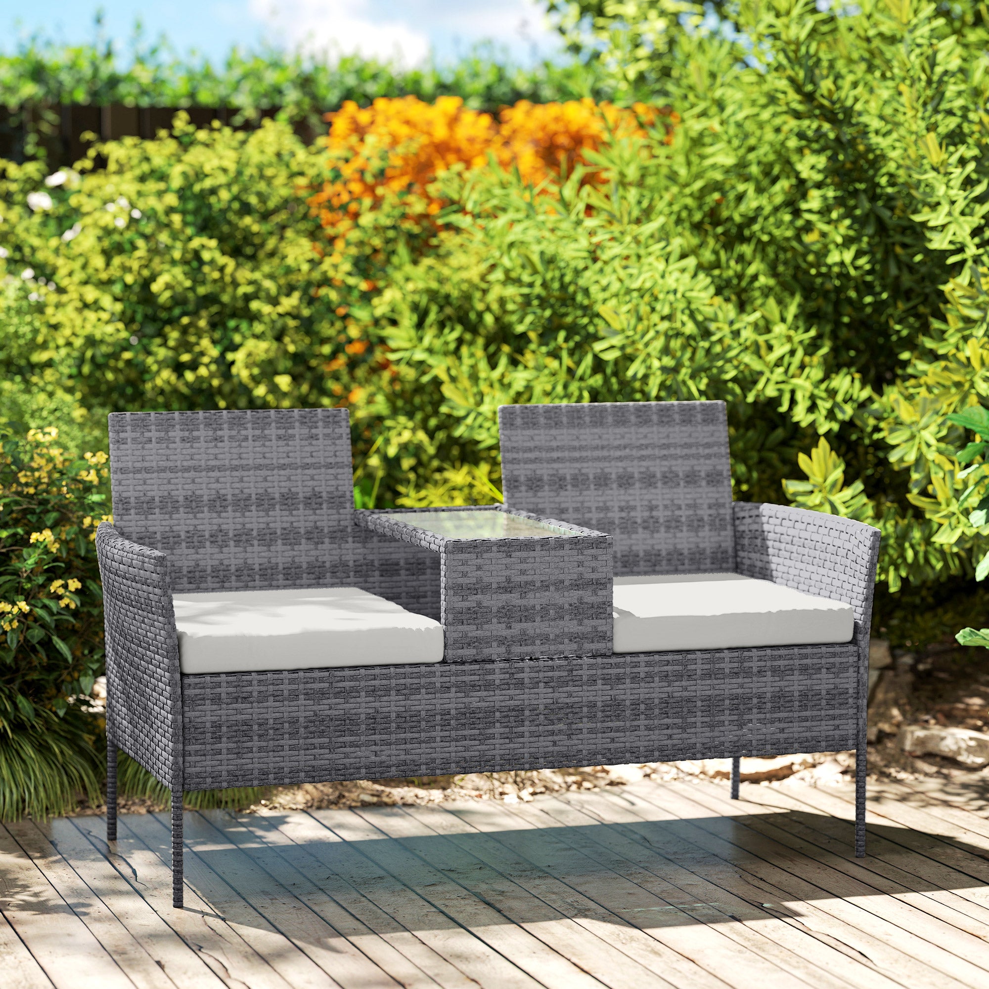 Outsunny Two-Seat Rattan Chair, with Middle Table - Grey
