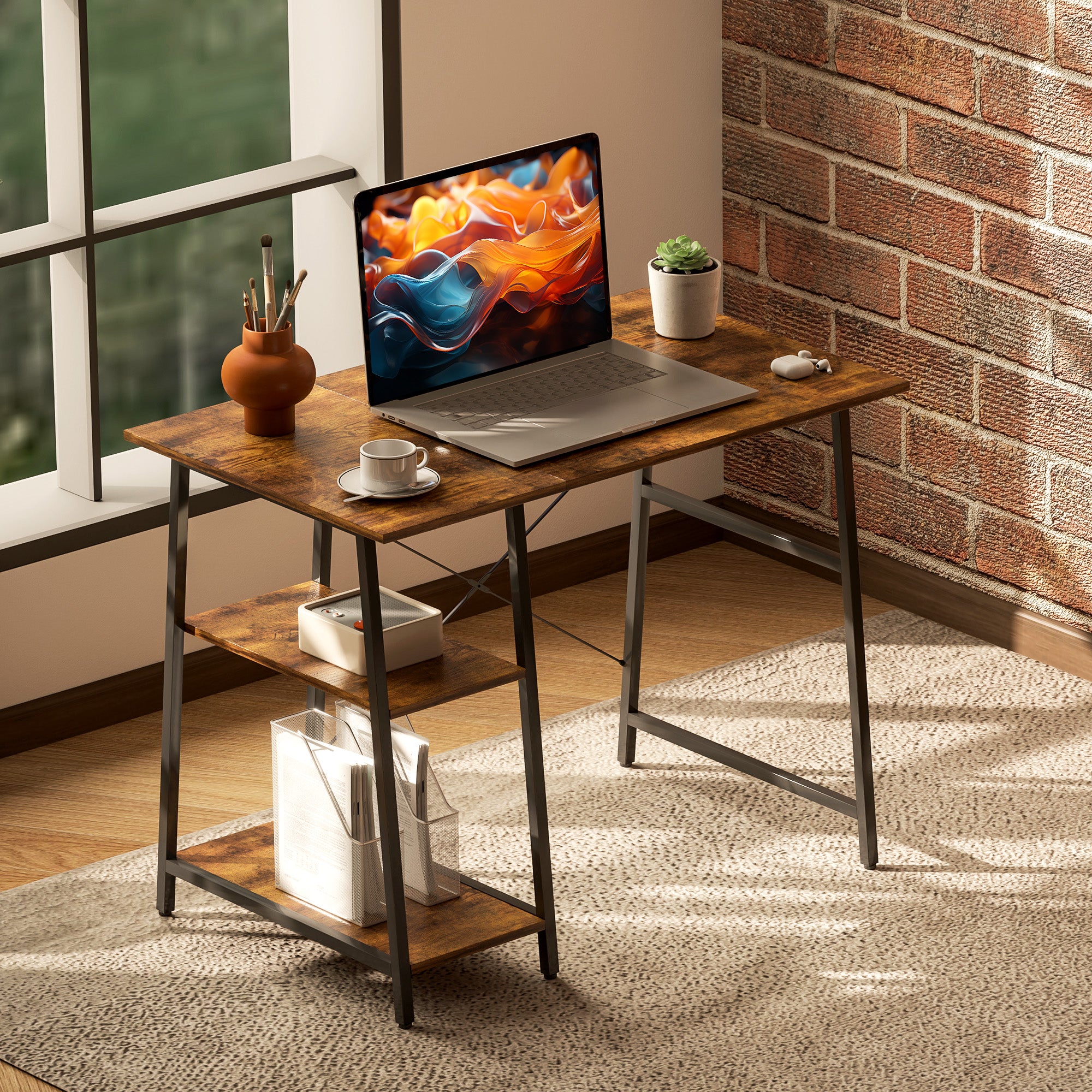 HOMCOM 100cm Computer Desk with Storage, Industrial Home Office Desk with 2 Tier Shelves and Steel Frame, Computer Table for Study Room, Rustic Brown - North Peak Garden Furniture