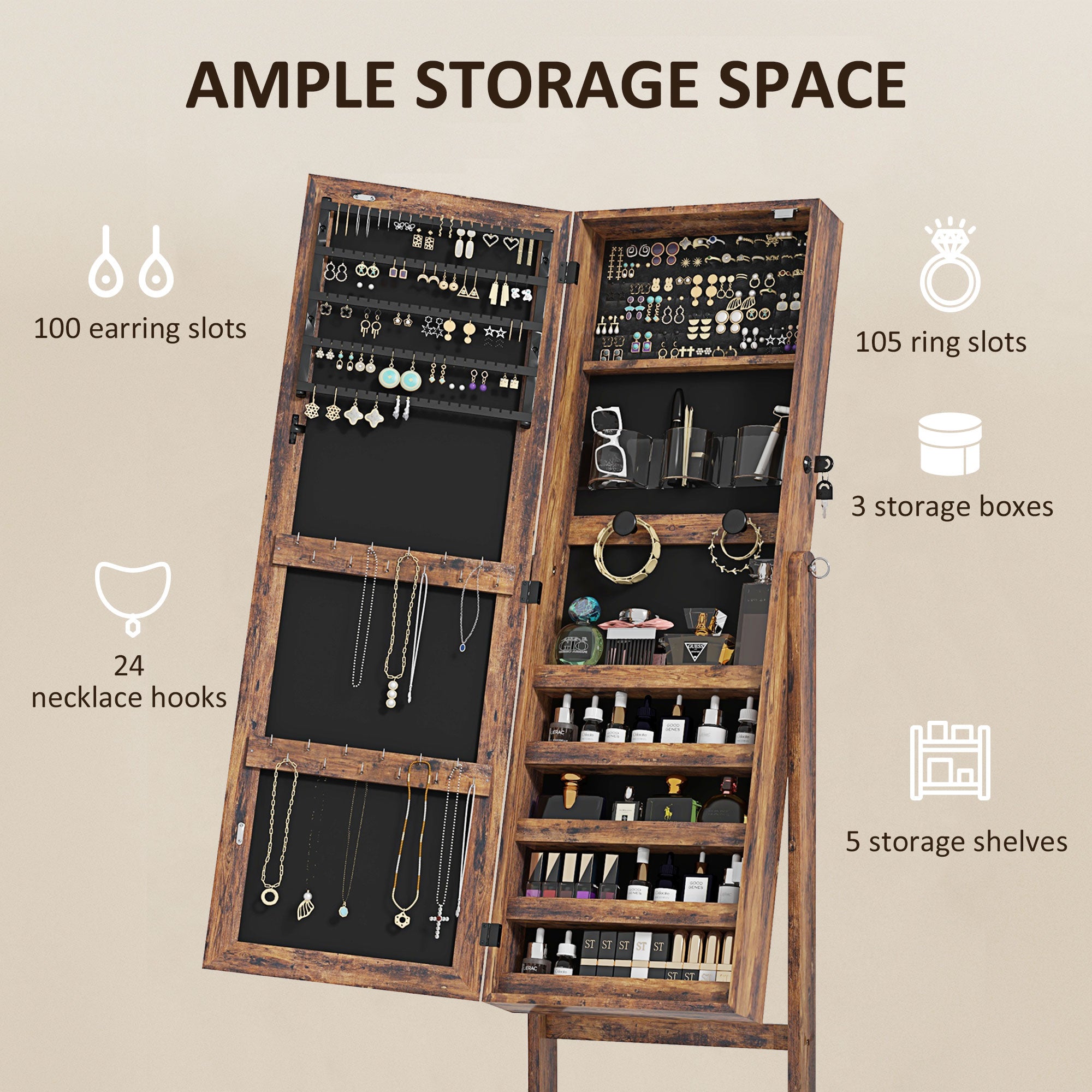 HOMCOM Jewellery Cabinet with LED Light, Lockable Jewellery Organiser with Full-Length Mirror for Bedroom Dressing Room, Rustic Brown - North Peak Garden Furniture