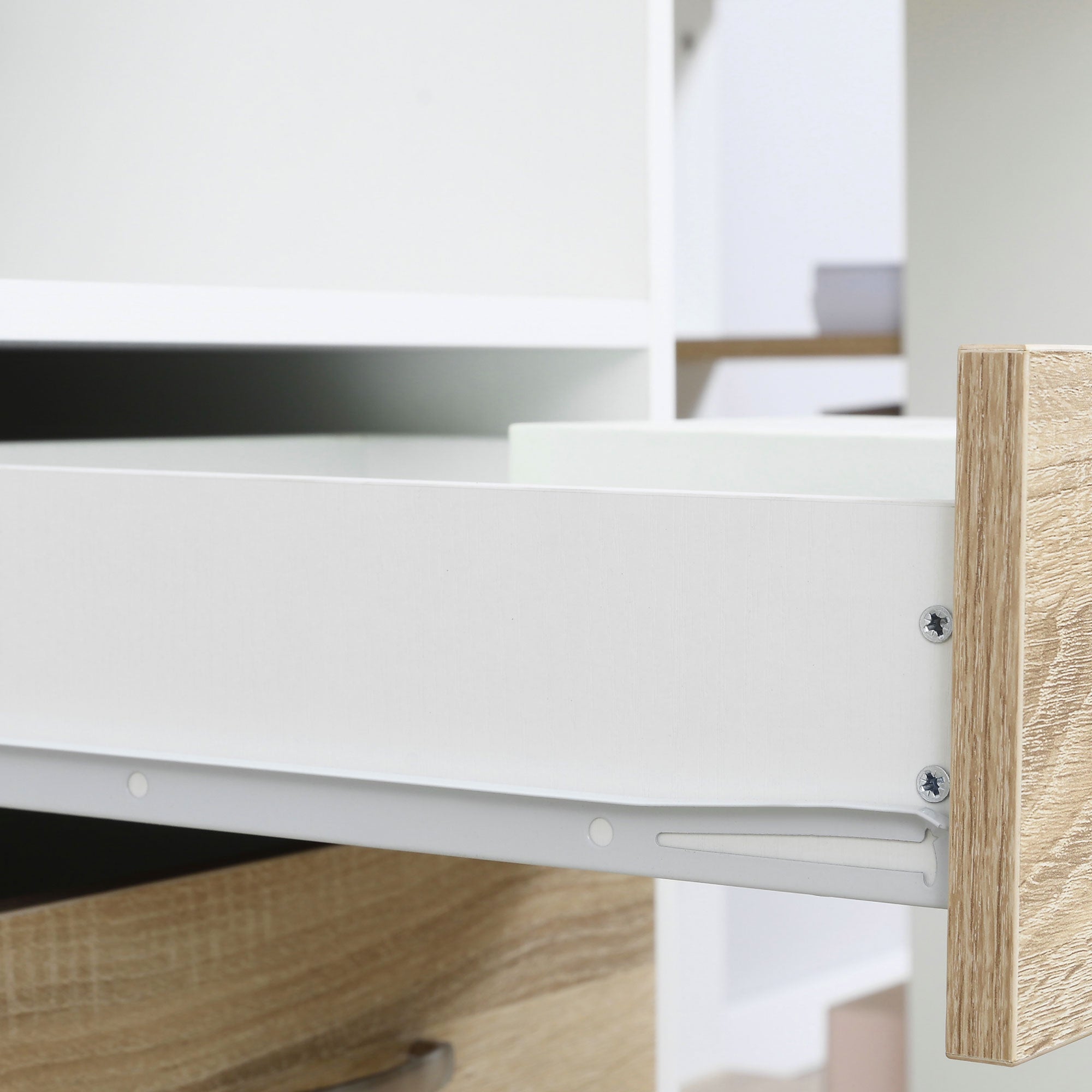 HOMCOM Computer Desk with Drawers and Storage Shelves, Reception Desk, Study Workstation for Home Office, 137 x 55 x 92cm, Oak and White - North Peak Garden Furniture