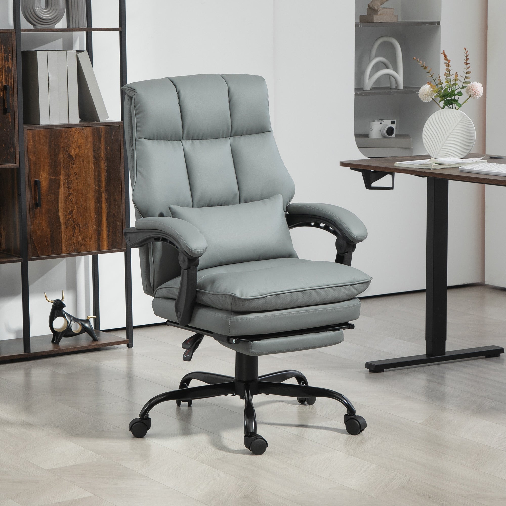 HOMCOM Faux Leather Reclining Office Chair, with Footrest - Grey - North Peak Garden Furniture