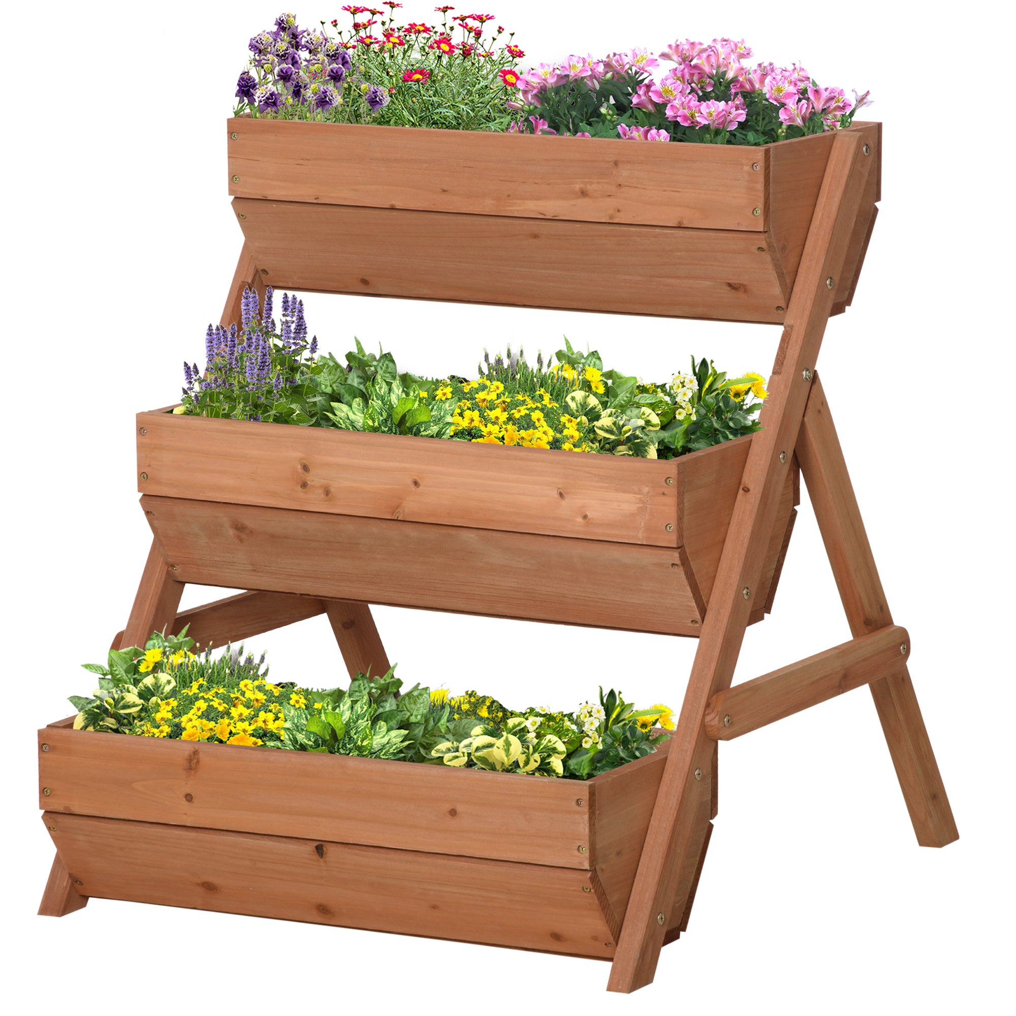 Outsunny 3 Tier Raised Garden Bed Wooden Elevated Planter Box Kit, 66L for Flower, Vegetable, Herb, 65x75x78cm, Brown