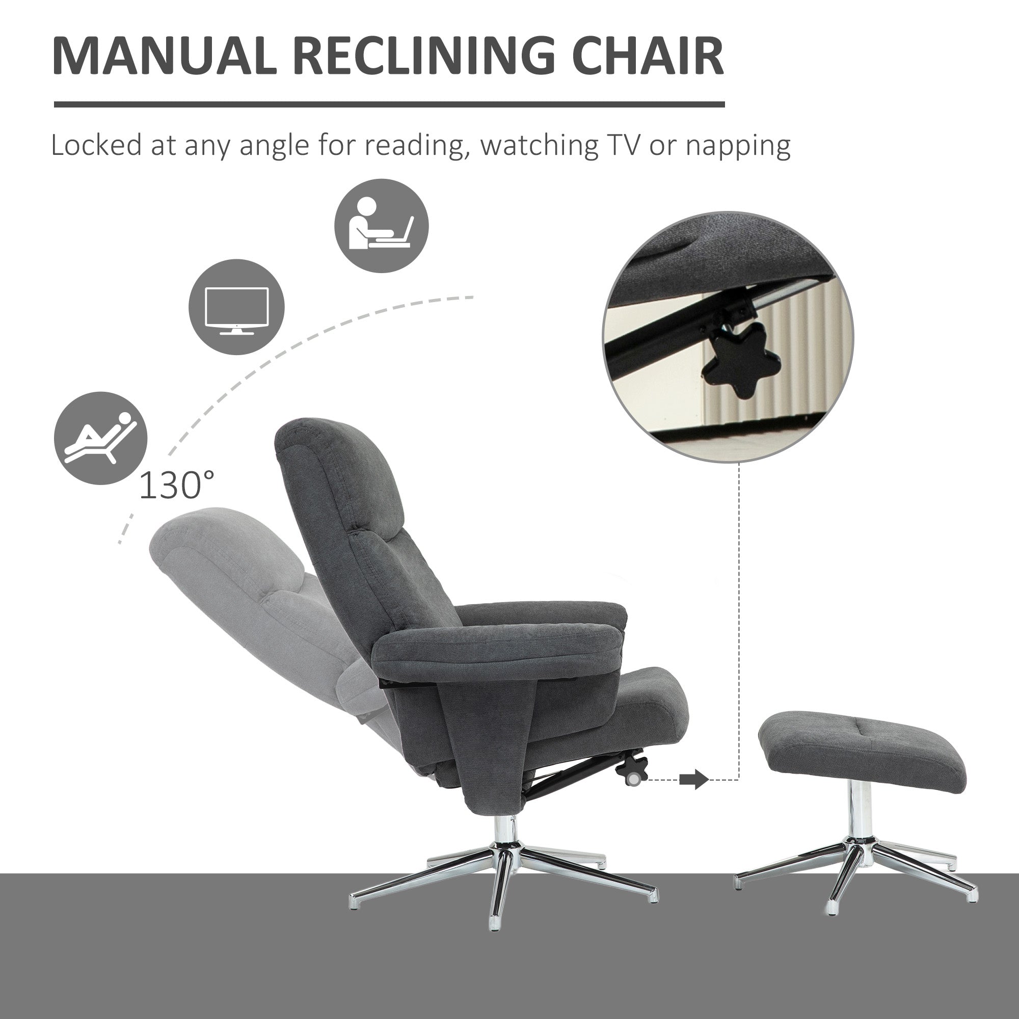 HOMCOM Recliner Chair with Footstool, Upholstered Velvet Fabric Armchair with Adjustable Back, Solid Wood Frame for Living Room, Charcoal Grey - North Peak Garden Furniture
