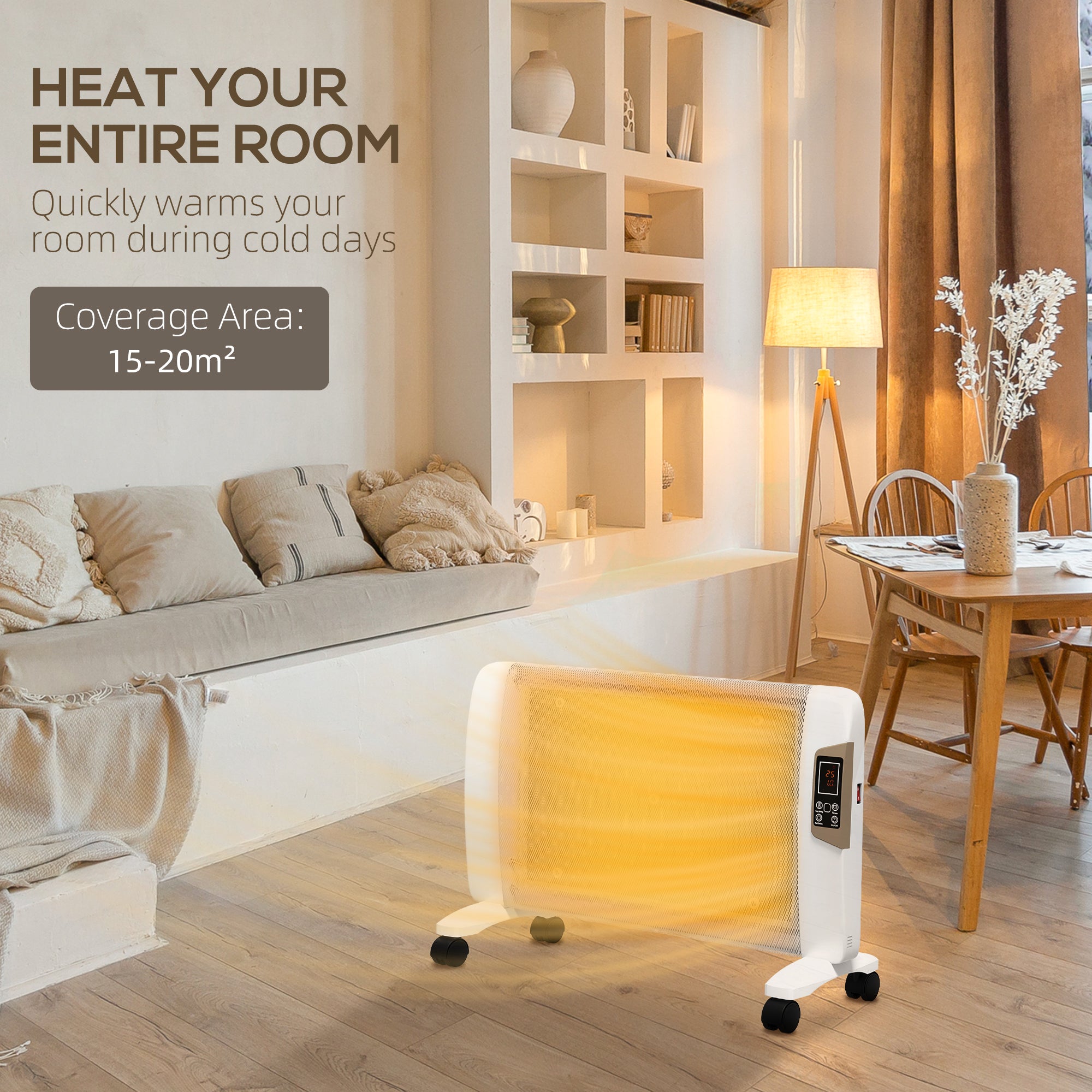 HOMCOM Mica Electric Space Heater, Portable Heater for Home with 2 Heat Settings, Living Room, Study, Garage, Adjustable Temperature 18-30°C, 1000W/2000W, White - North Peak Garden Furniture