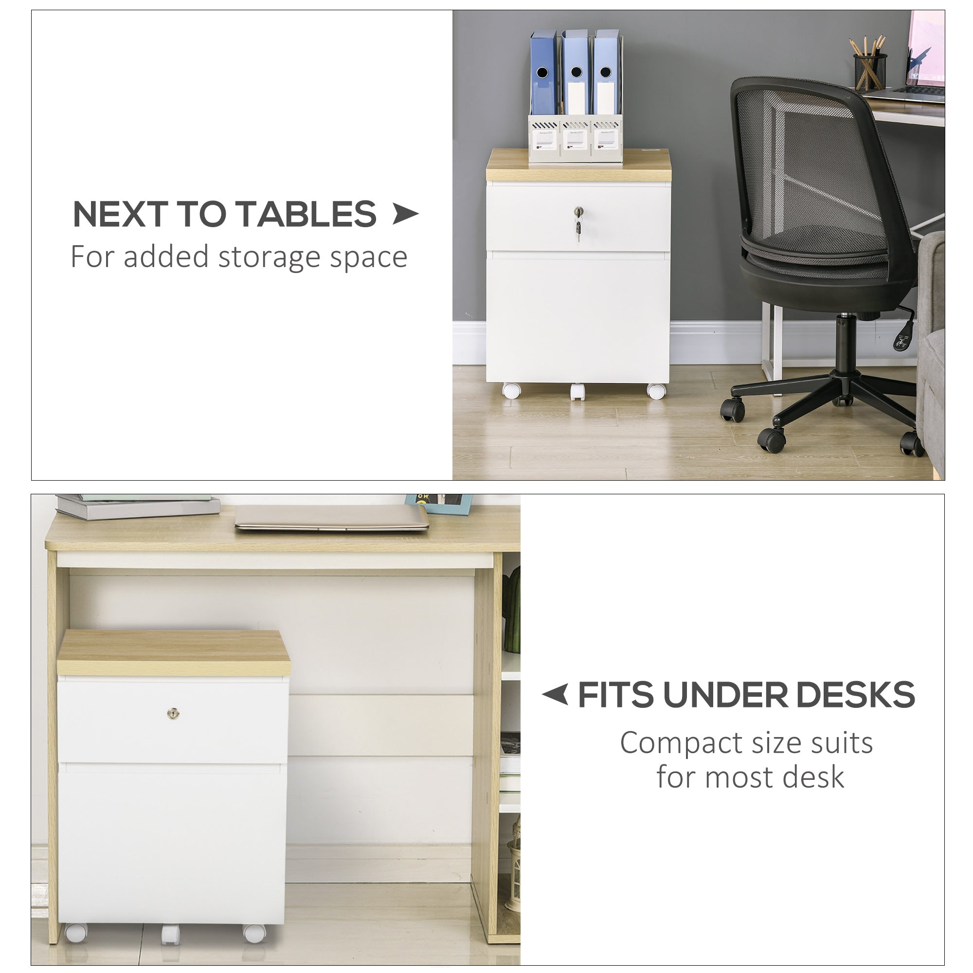 Vinsetto 2-Drawer Filing Cabinet with Lock, Mobile File Cabinet with Hanging Bars for Legal Size and Wheels, Home Office Study, White - North Peak Garden Furniture
