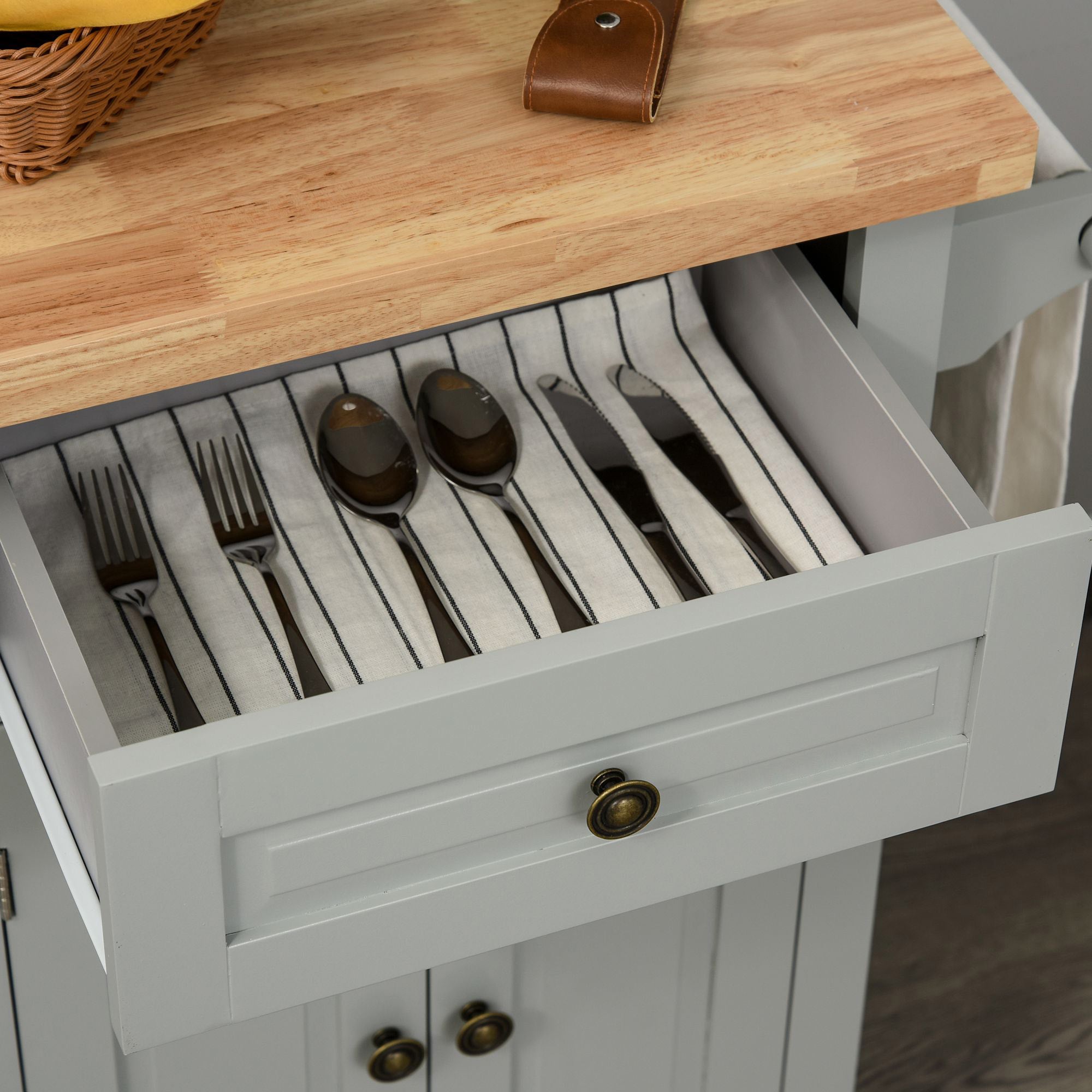 HOMCOM Rolling Kitchen Island Storage Trolley with Rubber Wood Top & Drawers for Dining Room, Grey - North Peak Garden Furniture