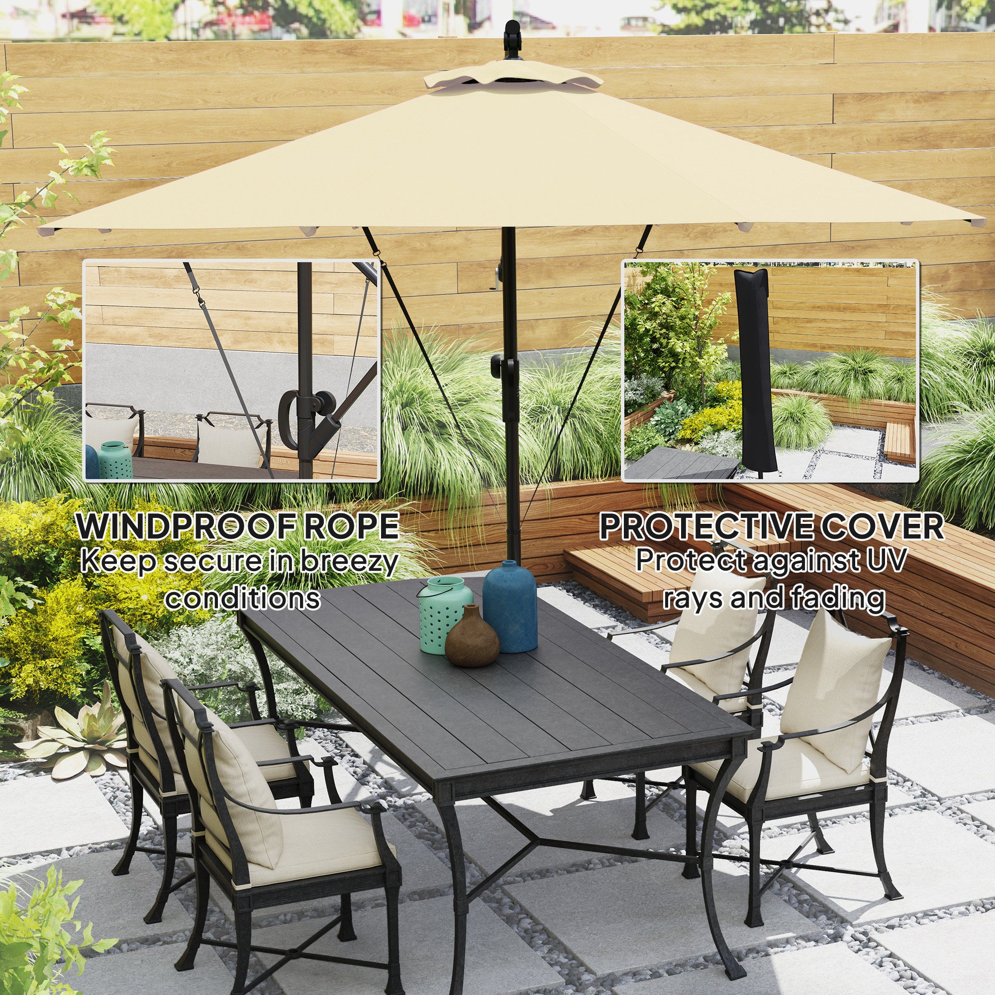 Outsunny 3(m) Garden Cantilever Parasol with Cover and Wind Protection Strap, Round Overhanging Umbrella with Crank Handle and Tilt, Banana Patio Umbrella for Outdoor Sun Shade, UPF50+, Khaki - North Peak Garden Furniture