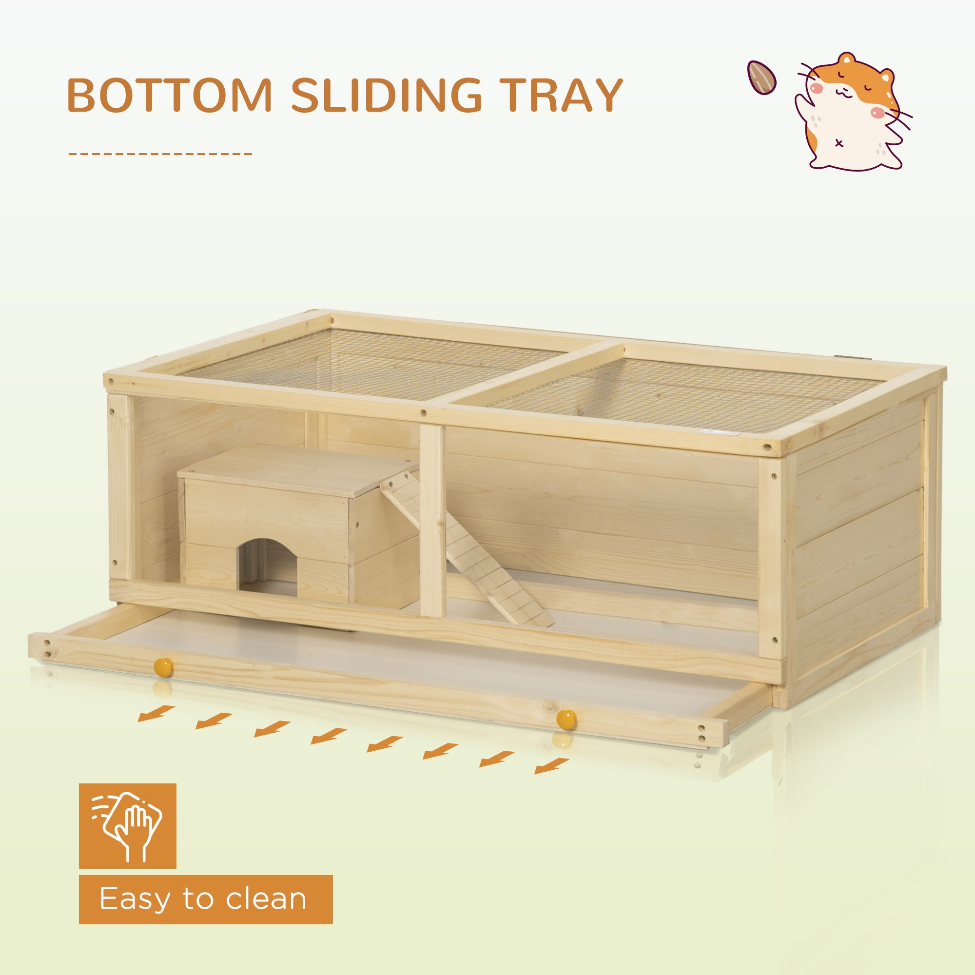 PawHut Wooden Hamster Cage with Sliding Tray, Openable Top, Hut for Syrian Hamsters, Natural Wood - North Peak Garden Furniture