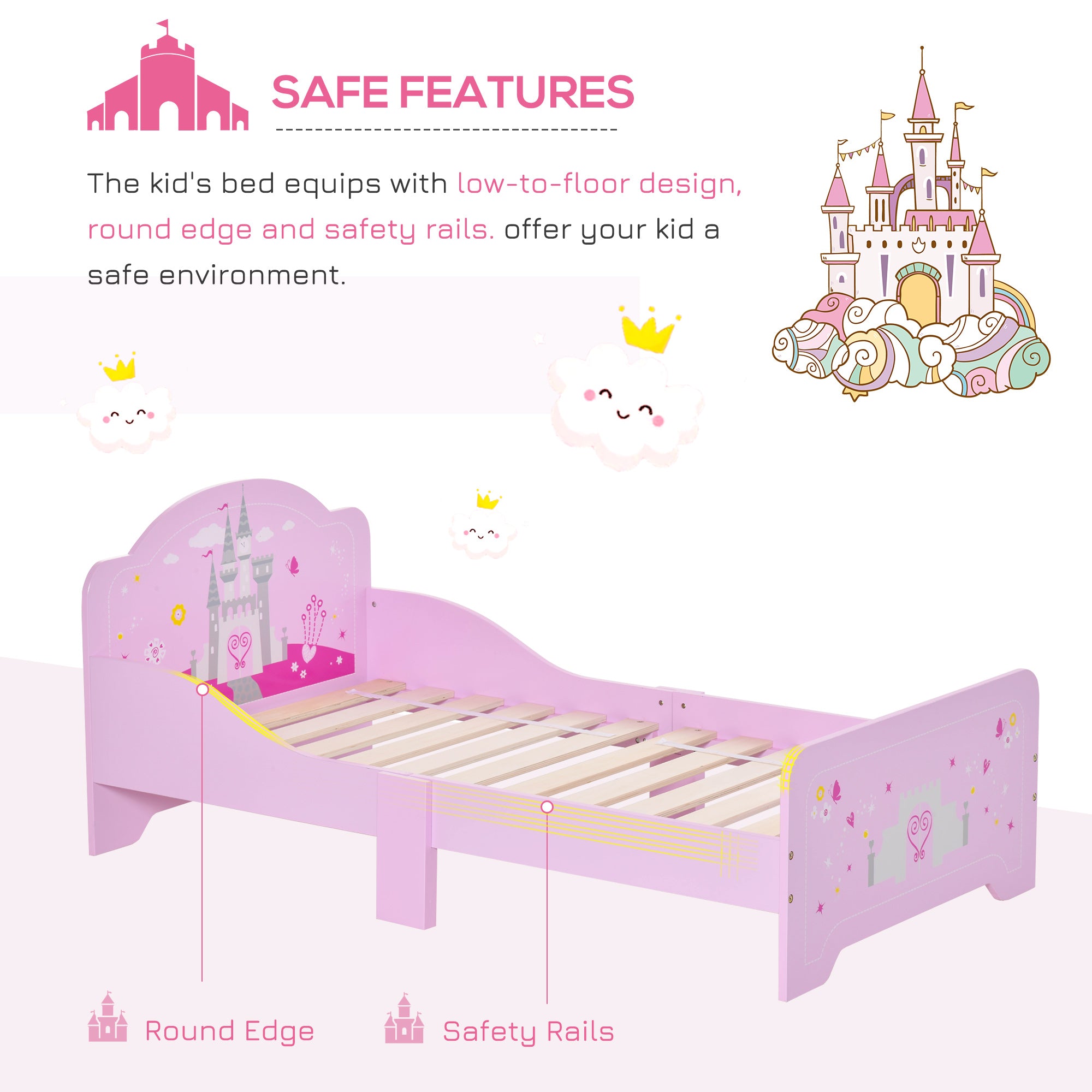 HOMCOM Kids Bed Princess Castle Theme w/ Side Rails Slats Home Furniture for 3 - 6 Yrs Pink 143 x 73 x 60 cm