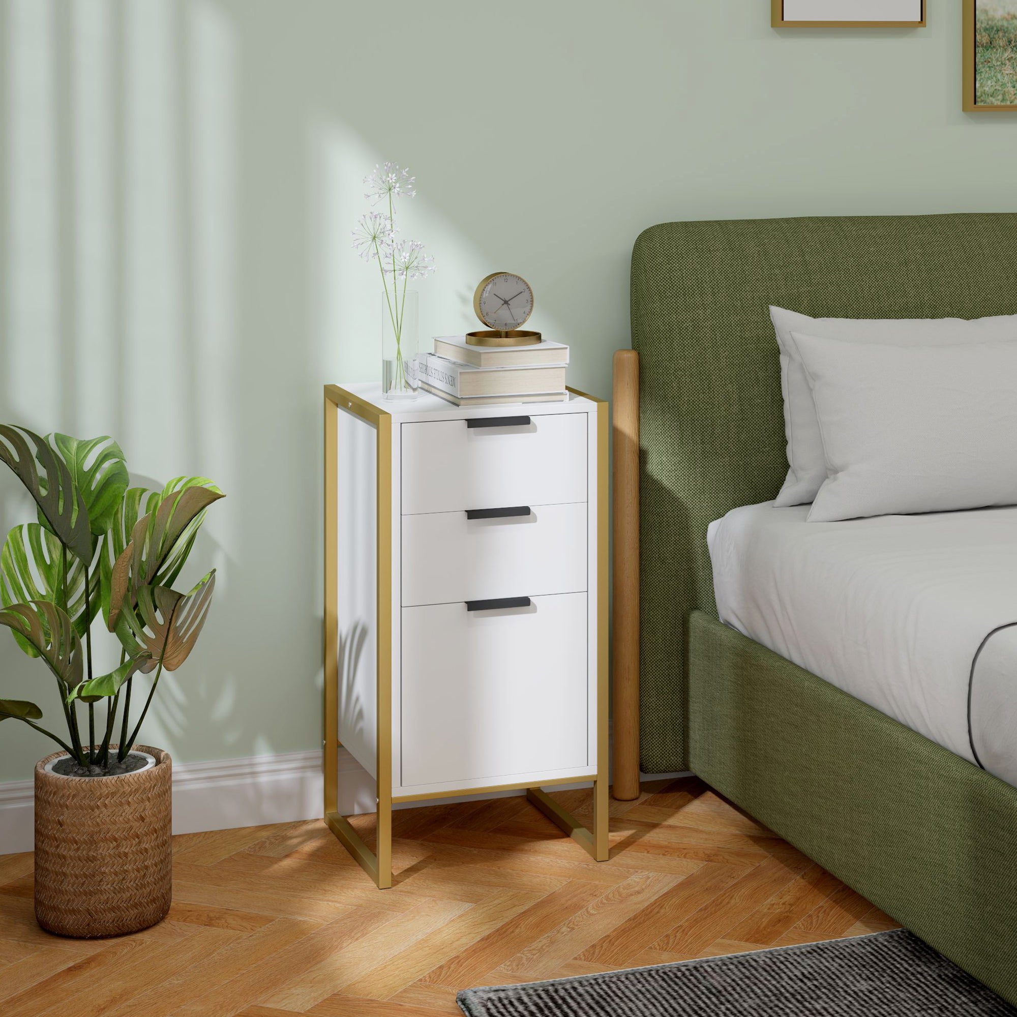 HOMCOM Bedroom Chest of Drawers, Industrial 3-Drawer Dresser, Storage Drawers Unit with Metal Frame for Living Room, White - North Peak Garden Furniture