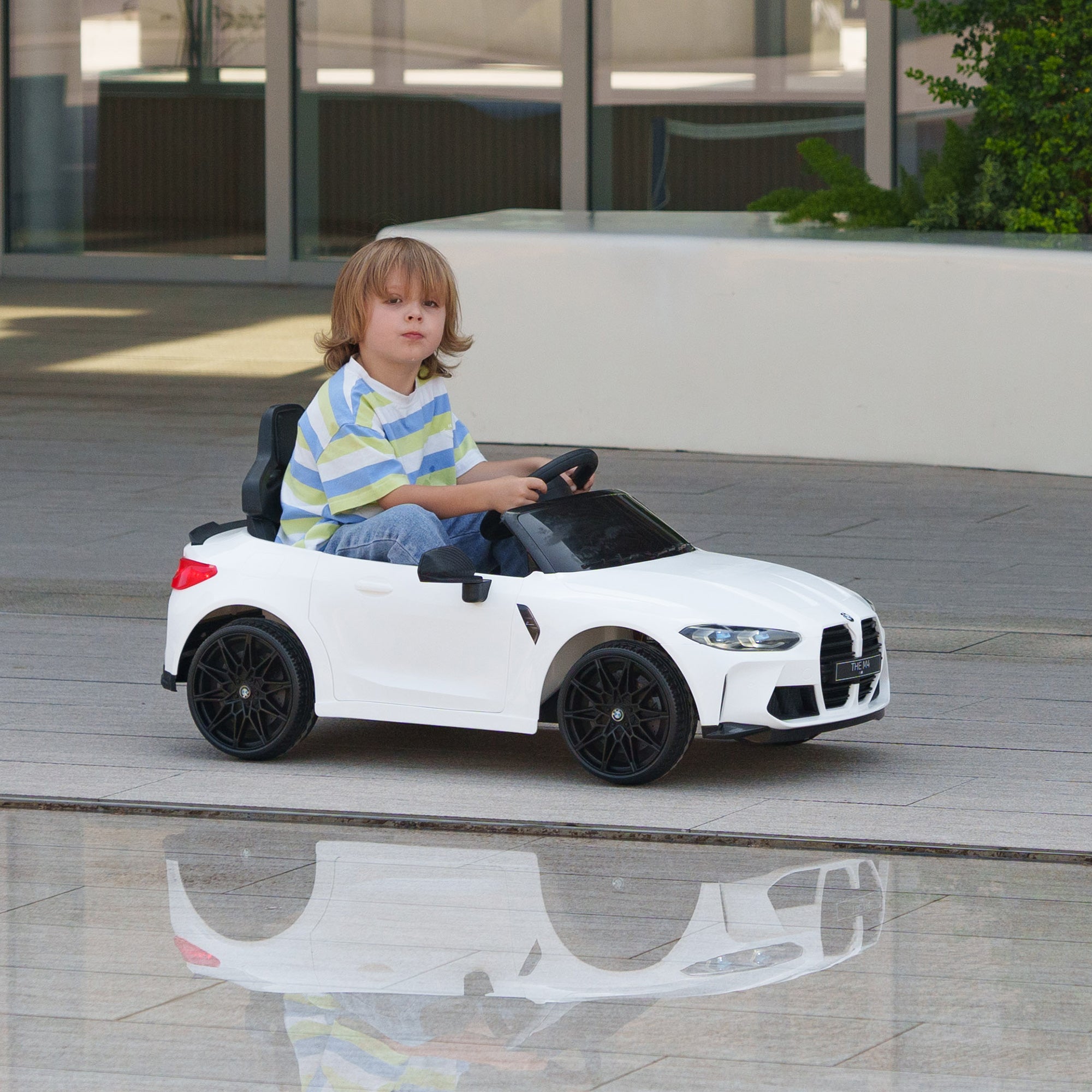 AIYAPLAY 12V BMW Licensed Kids Car, with Easy Transport, Remote Control, Suspension, Music, Horn, LED Lights, White - North Peak Garden Furniture