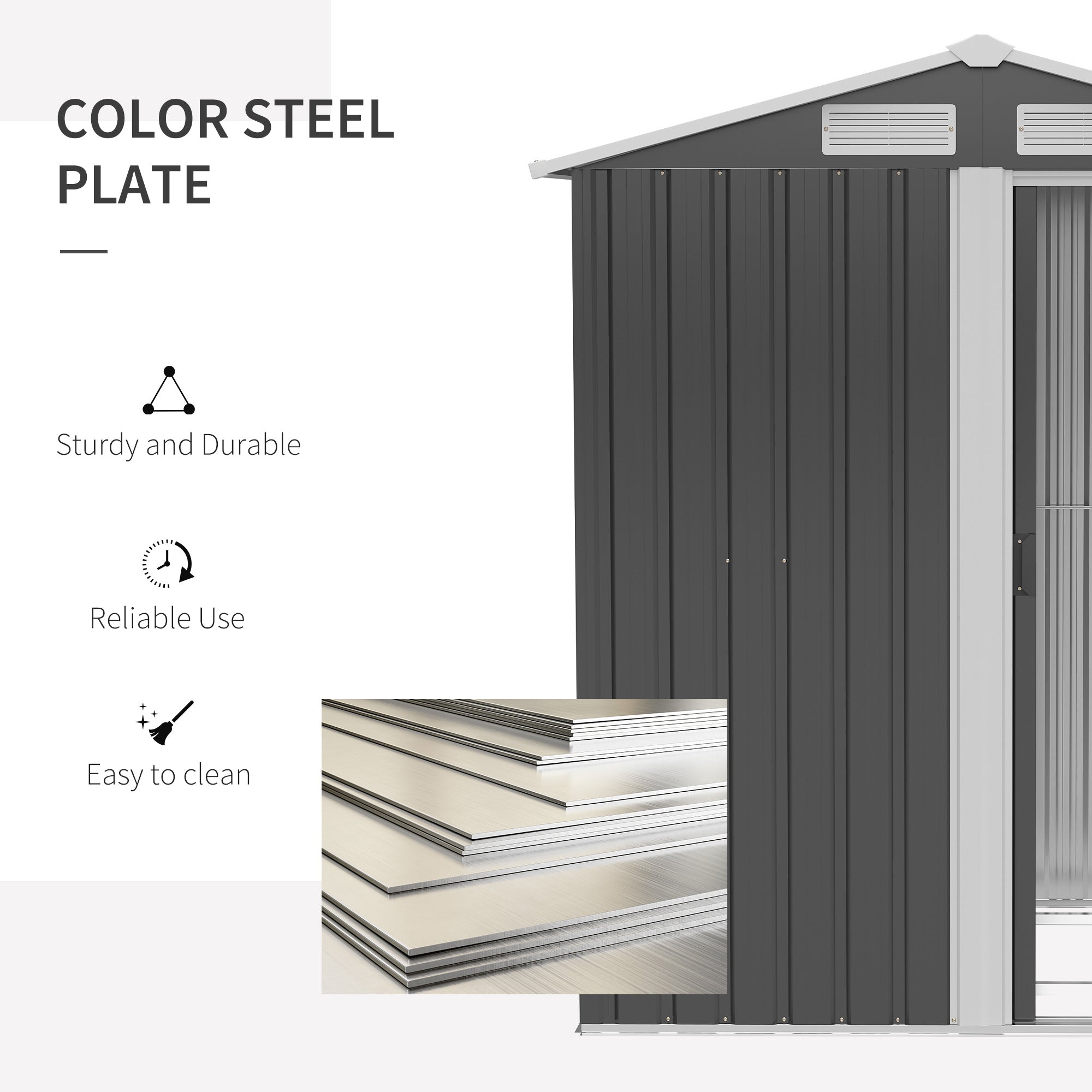 Outsunny Garden Metal Tool Storage Shed with Sliding Door, Sloped Roof and Foundation Kit, 152 x 132 x 188cm, Grey - North Peak Garden Furniture