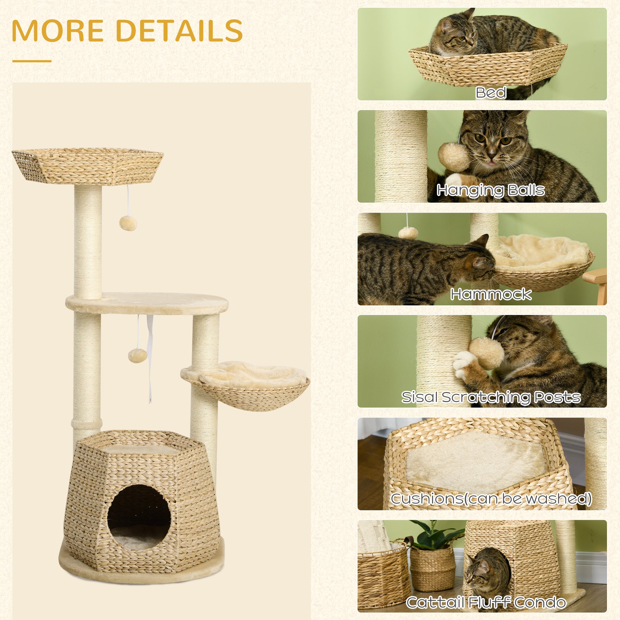 PawHut Cat Tree Activity Centre, with Cattail, Bed, Cat House, Sisal Post, Ball - Natural Tone