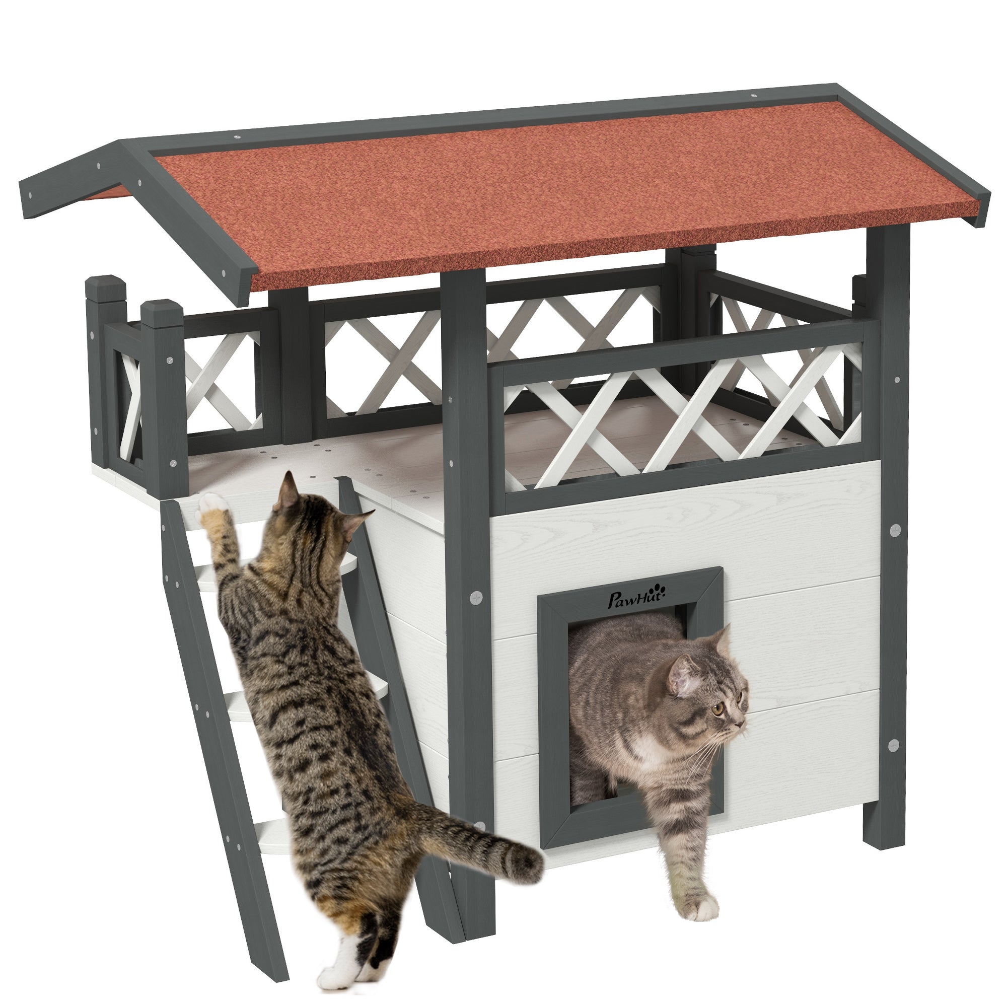 PawHut Cat House Outdoor w/ Balcony Stairs Roof, 77 x 50 x 73 cm, White - North Peak Garden Furniture