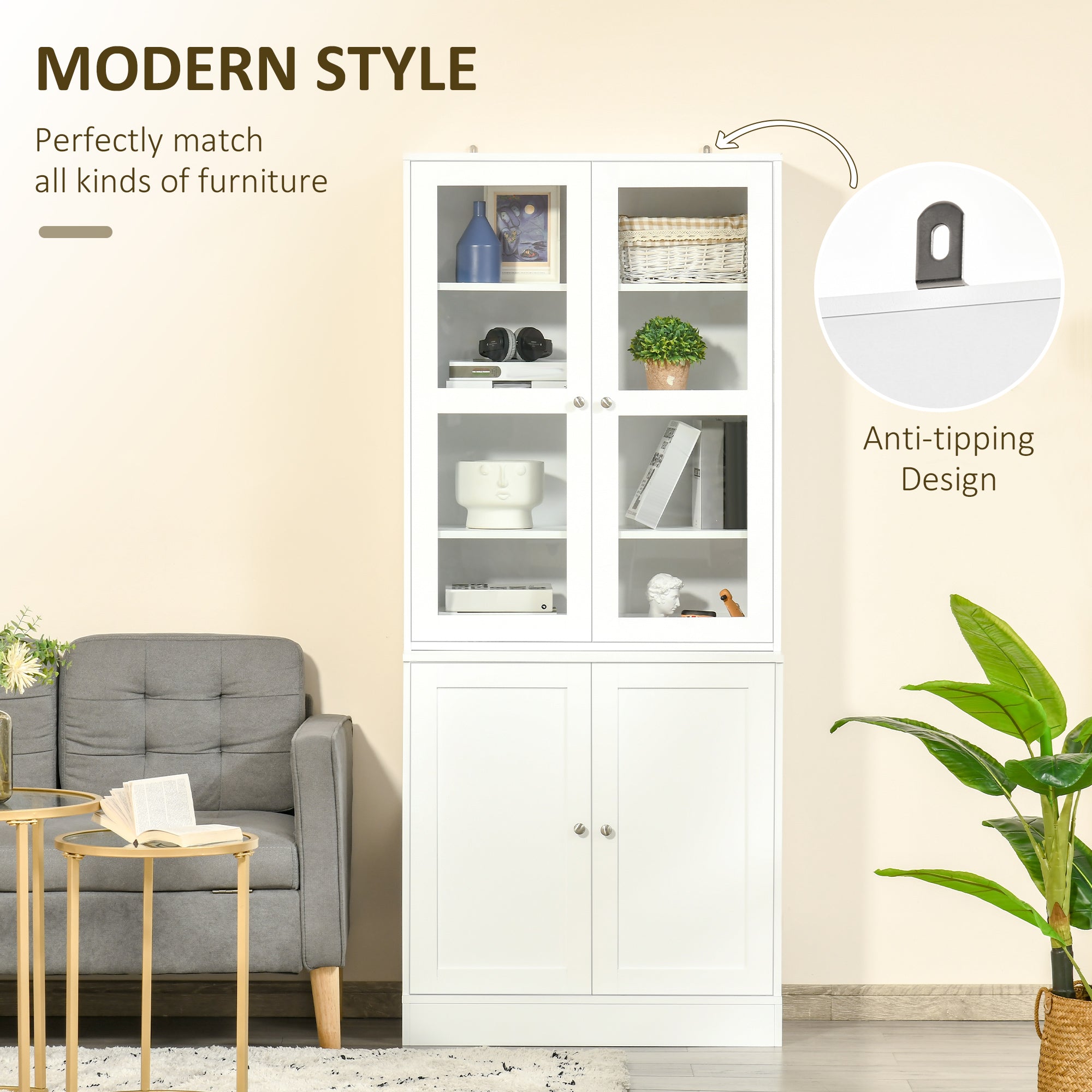 HOMCOM Modern Bookcase with Glass Doors, Display Storage Cabinet with Adjustable Shelves for Living Room, Study, Office, White - North Peak Garden Furniture