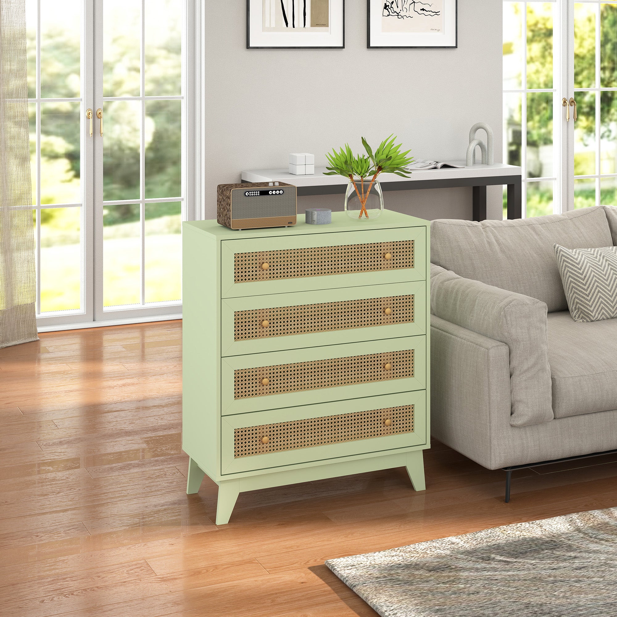 HOMCOM Chest of Drawers, 4-Drawer Storage Organiser Unit with Rattan Element for Bedroom, Living Room, Light Green - North Peak Garden Furniture