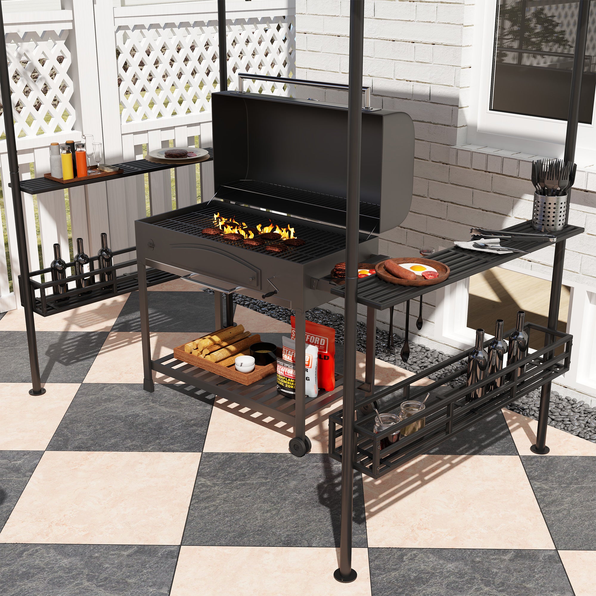 Outsunny 8' x 5' Grill Gazebo Canopy, Double Tiered Outdoor BBQ Gazebo Shelter with 2 Side Shelves, Storage Baskets, Hook for Garden, Patio, Barbecue, Picnic, Beige - North Peak Garden Furniture