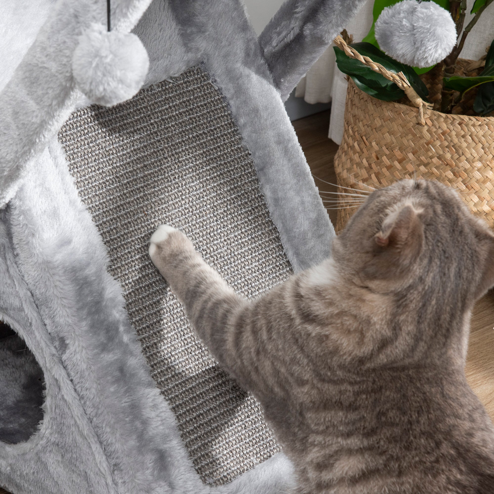 PawHut Two Tier Cat Tree for Indoor Cats Play Rest Activity Tower Plush Folding Relax Center w/ Scratching Post Hammock Pom Poms Grey - North Peak Garden Furniture
