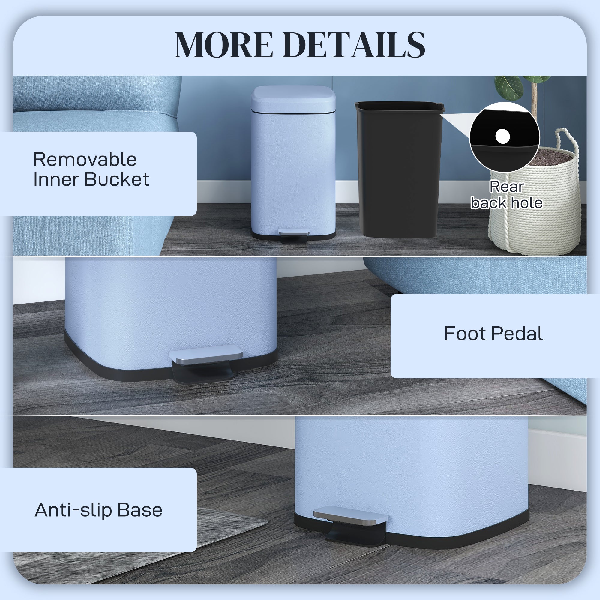 HOMCOM 20L Modern Boxy Metal Home Kitchen Bin - Light Blue - North Peak Garden Furniture