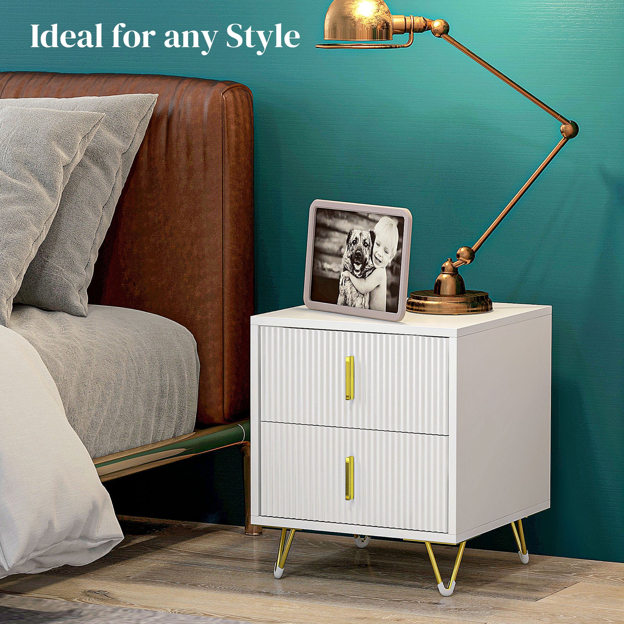 HOMCOM Bedside Table with 2 Drawers, Side End Table, Nightstand with Metal Frame for Living Room, Bedroom, White - North Peak Garden Furniture