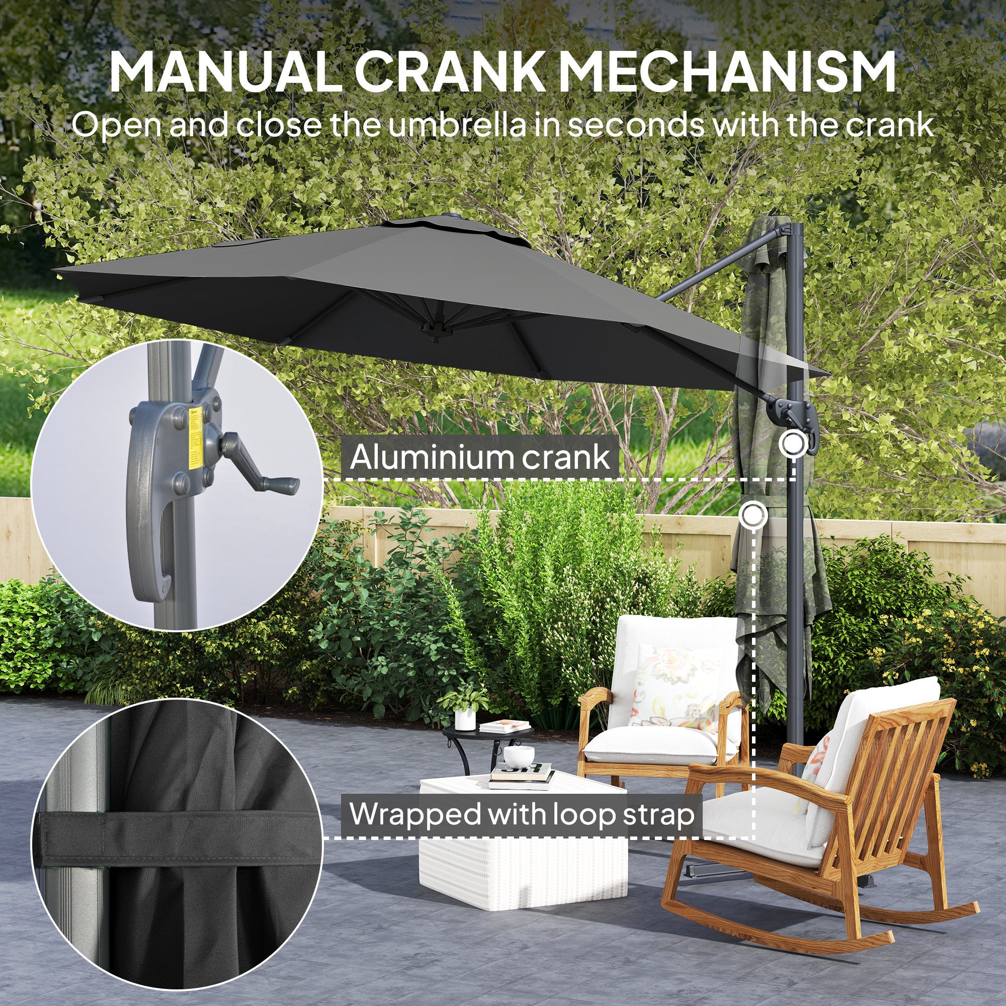 Outsunny 3 x 3(m) Cantilever Parasol with Cross Base, Garden Umbrella with 360° Rotation, Crank Handle and Tilt for Outdoor, Black - North Peak Garden Furniture