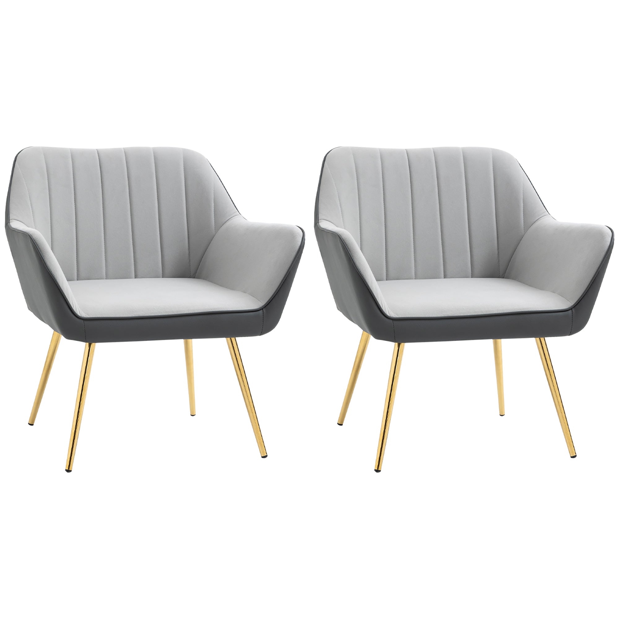 HOMCOM Velvet Armchairs, Upholstered Accent Chairs with Golden Steel Legs, Modern Vanity Chairs for Living Room and Bedroom, Set of 2, Light Grey