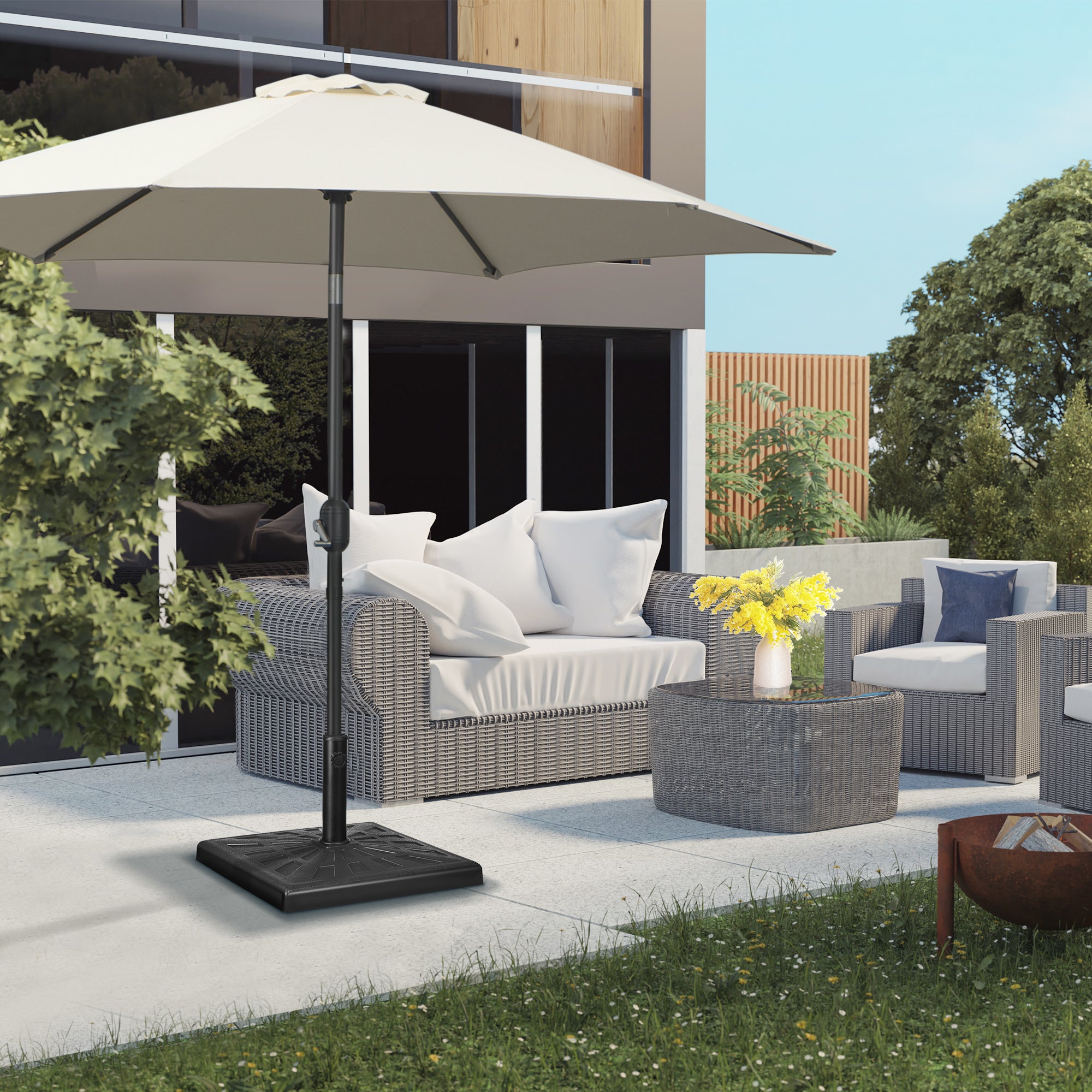 Outsunny 19kg Resin Garden Parasol Base Holder, Square Outdoor Market Umbrella Stand Weight for Poles of Φ32mm, Φ38mm, and Φ48mm, Black - North Peak Garden Furniture