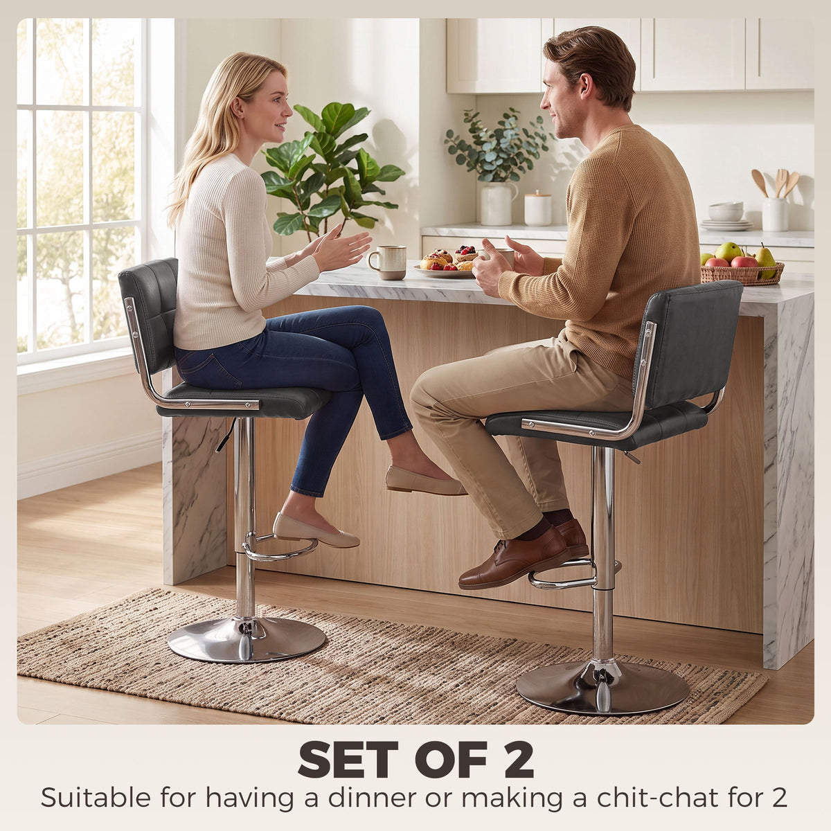 HOMCOM Bar Stools Modern PU Leather Adjustable Breakfast Bar Stools Backrest Set of 2 Grey