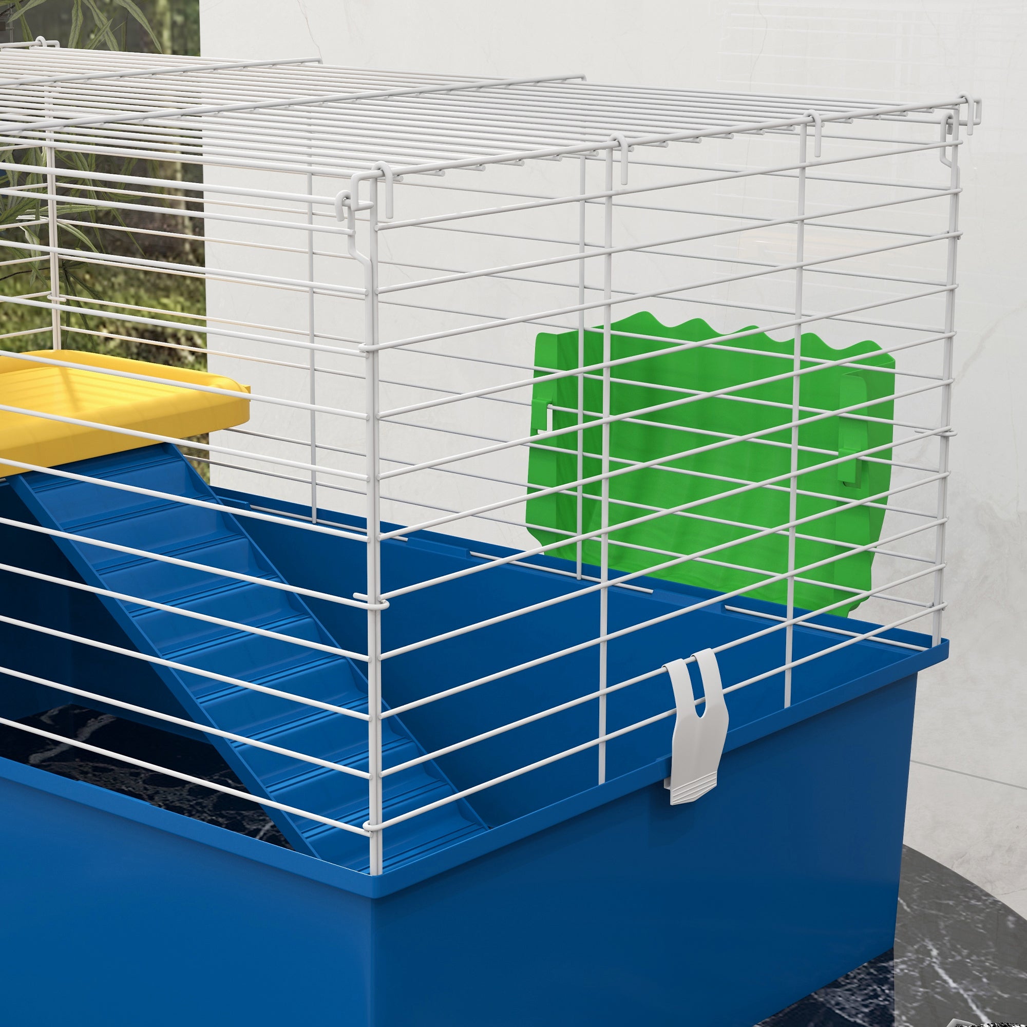 PawHut Chinchillas Small Rabbit Guinea Pig Small Animal Cage, Pet Playhouse, with Platform, Ramp, 71 x 46 x 47cm, Blue - North Peak Garden Furniture
