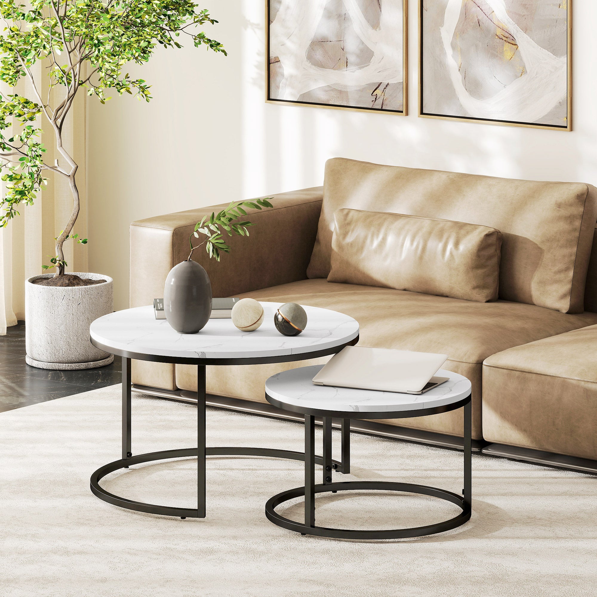 HOMCOM Set of Two Marble-Effect Stacking Tables - Black/White - North Peak Garden Furniture