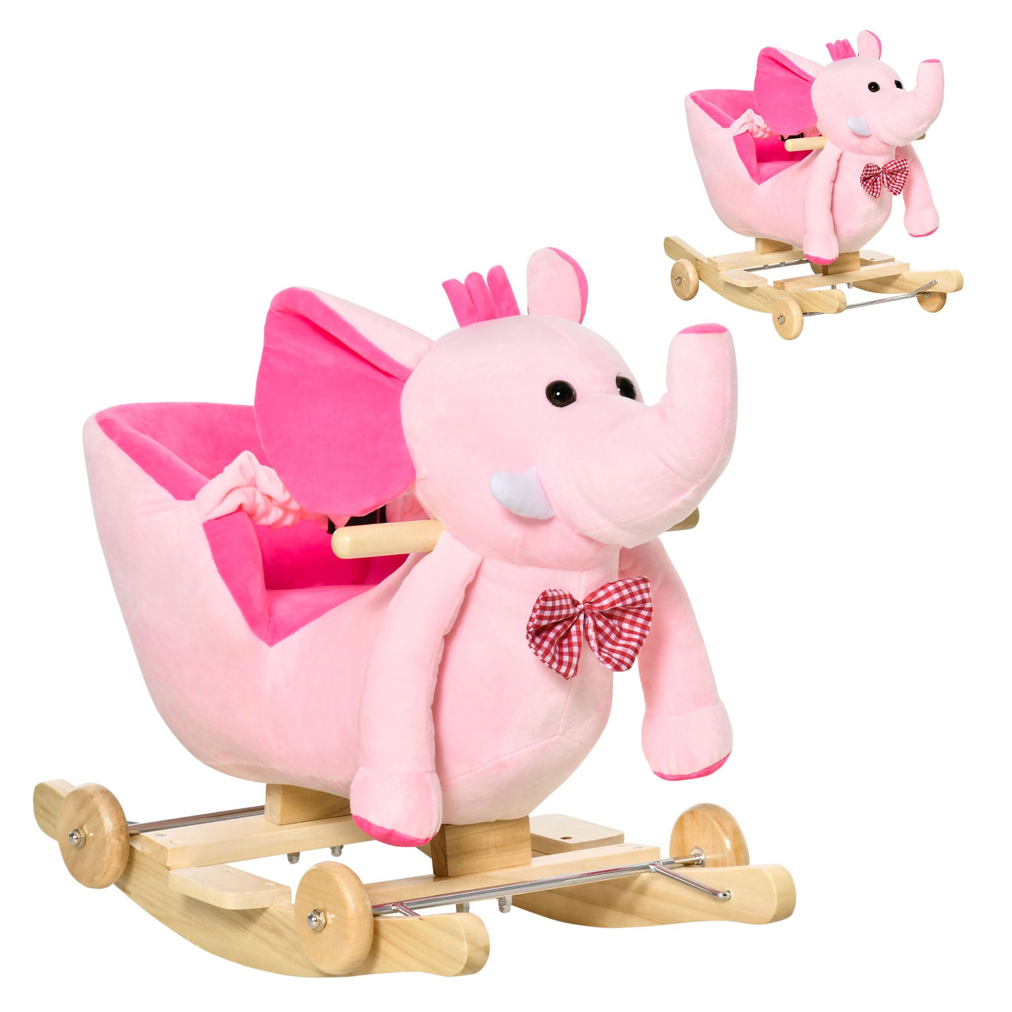 HOMCOM 2 In 1 Plush Baby Ride on Rocking Horse Elephant Rocker with Wheels Wooden Toy for Kids 32 Songs for 18+ Months (Pink) - North Peak Garden Furniture