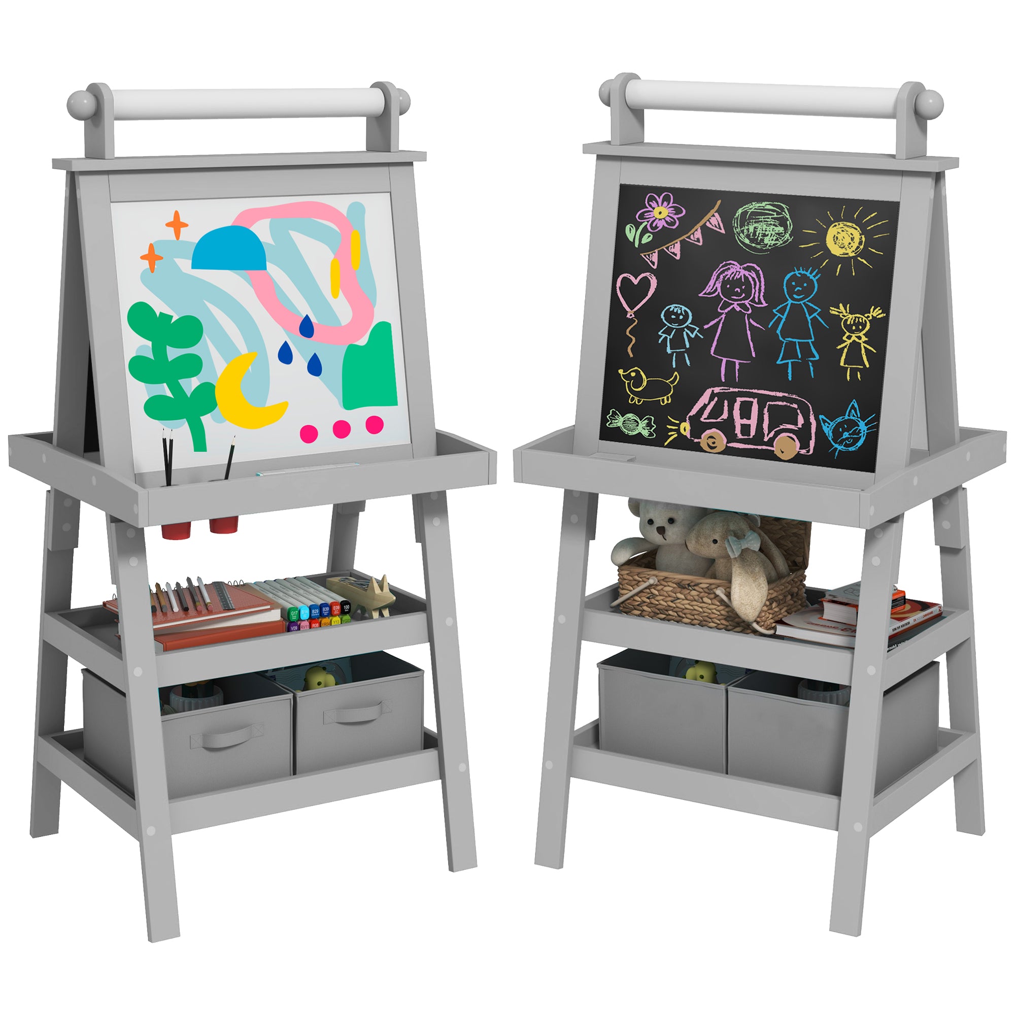 AIYAPLAY 3 in 1 Kids Easel Double-Sided Magnetic Whiteboard and Chalkboard with Paper Roll, Storage Baskets - Grey