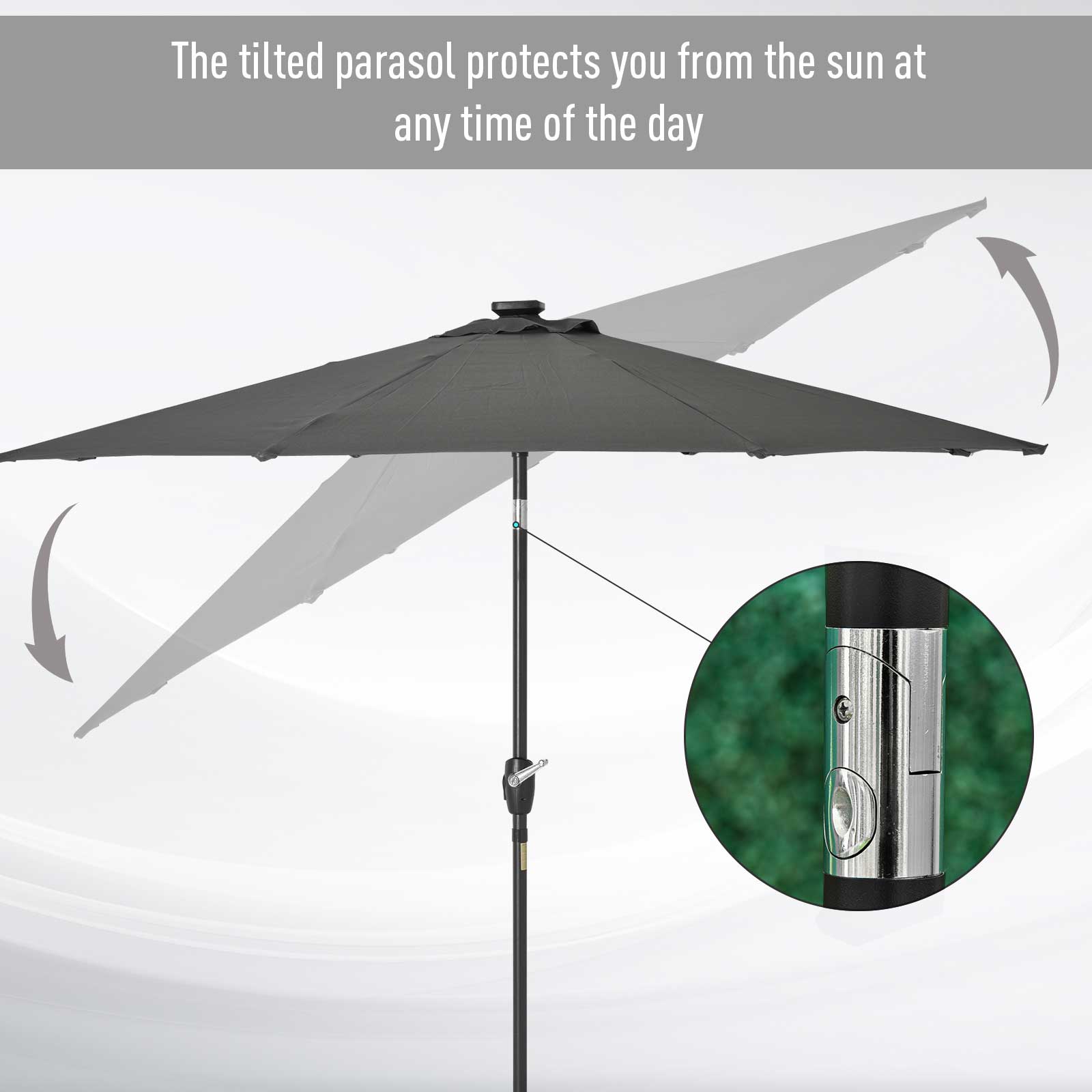 Outsunny Φ2.7m Garden 24 LED Light Parasol Solar Outdoor Tilt Sun Umbrella Patio Club Party Event Manual Sun Shade w/ Hand Crank and 8 Ribs, Grey - North Peak Garden Furniture