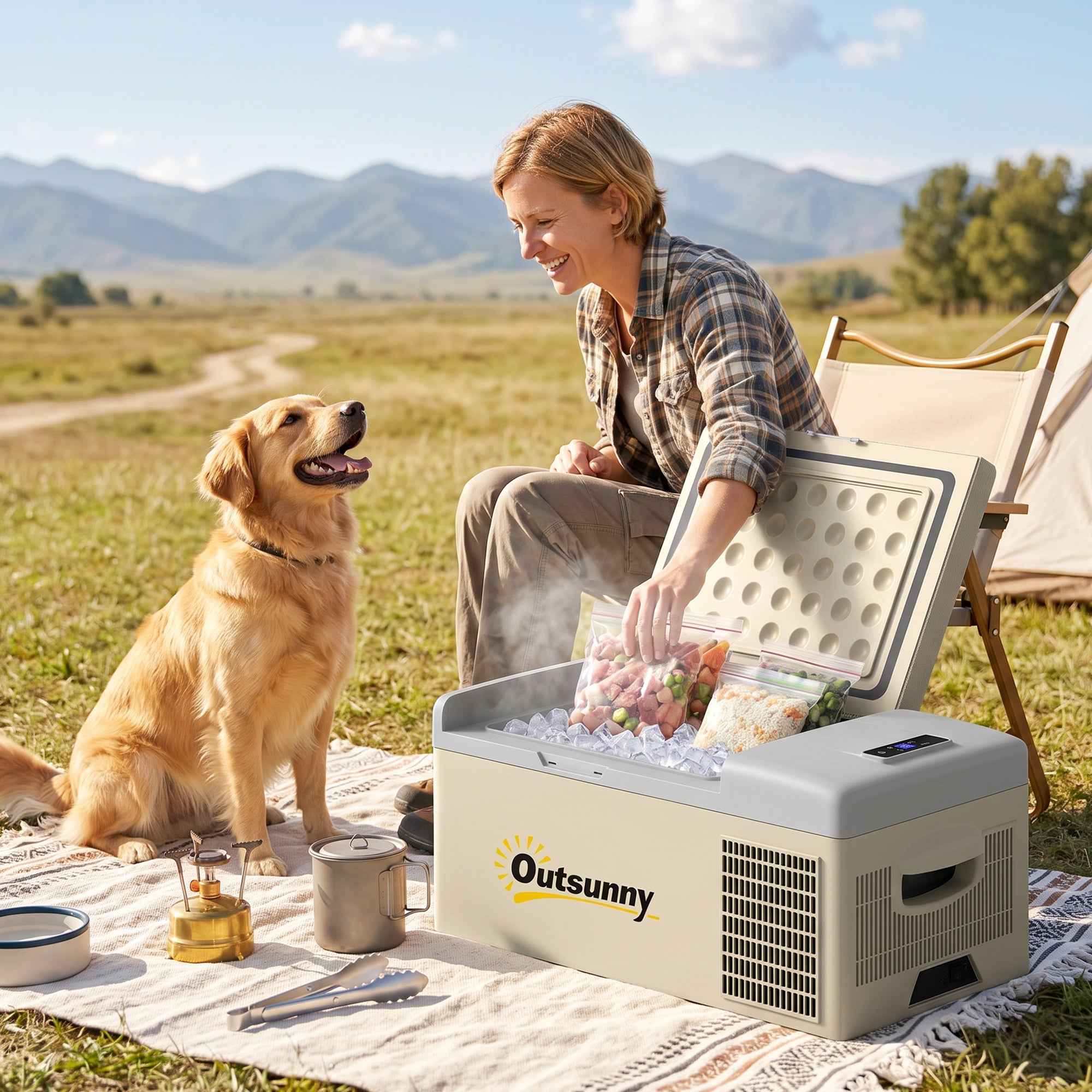 Outsunny 16L Portable Car Fridge, -20℃ to 10℃ Adjustable Temperature - Khaki/Grey