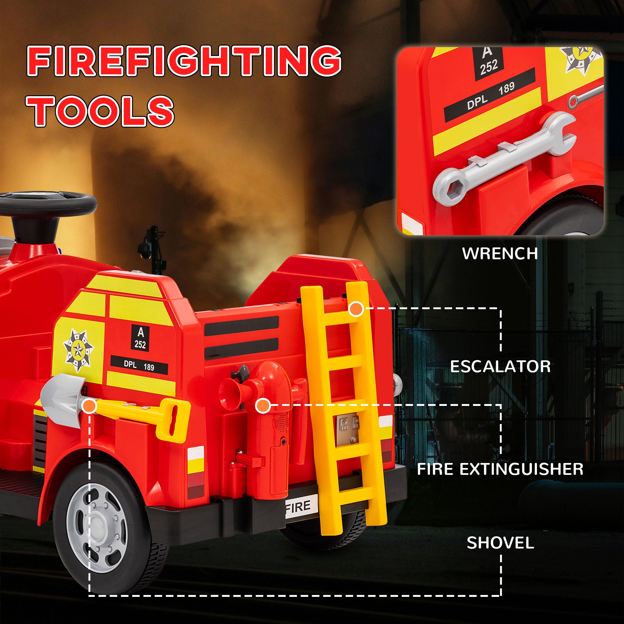 AIYAPLAY Ride on Fire Truck, 12V Kids Electric Car with Siren and Flashing Lights, Firefighting Tools, Music Horn, Slow Start