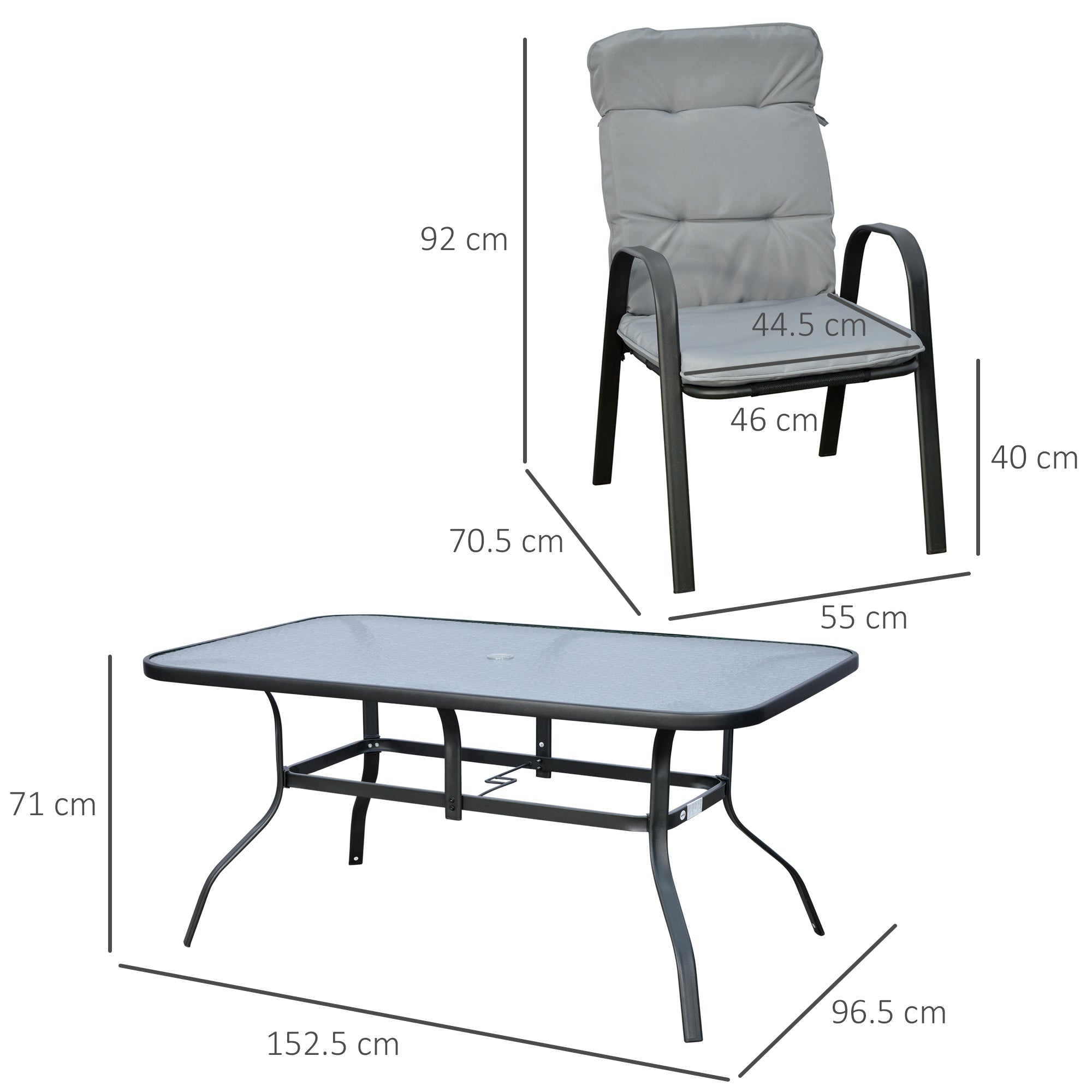 Outsunny 7 Piece Garden Dining Set, Outdoor Dining Table and 6 Cushioned Armchairs, Tempered Glass Top Table w/ Umbrella Hole, Texteline Seats, Grey - North Peak Garden Furniture