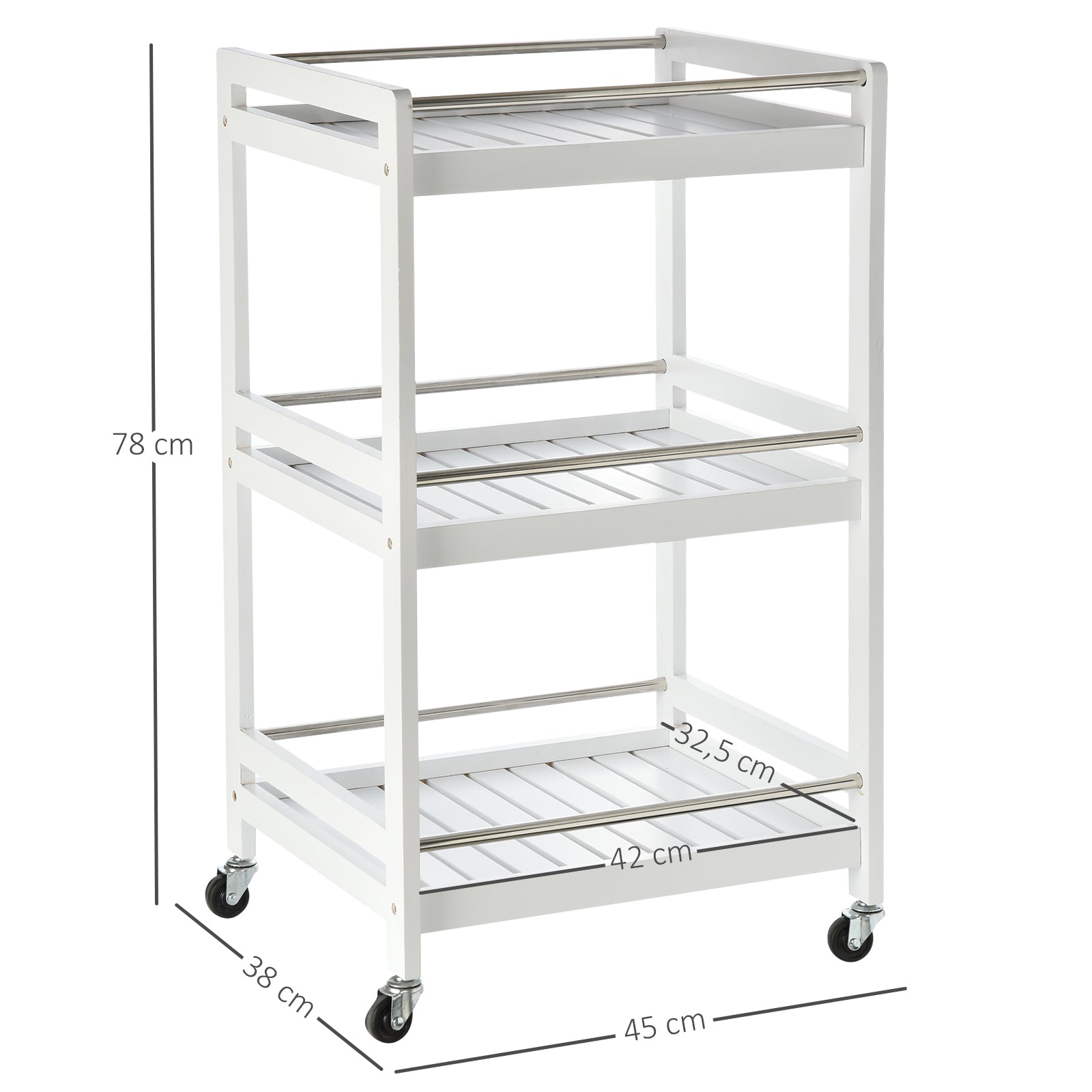 HOMCOM 3-Tier Home Trolley Kitchen Storage Cart w/ Steel Bars 4 Universal Wheels Rolling Unit Organiser Living Room White - North Peak Garden Furniture