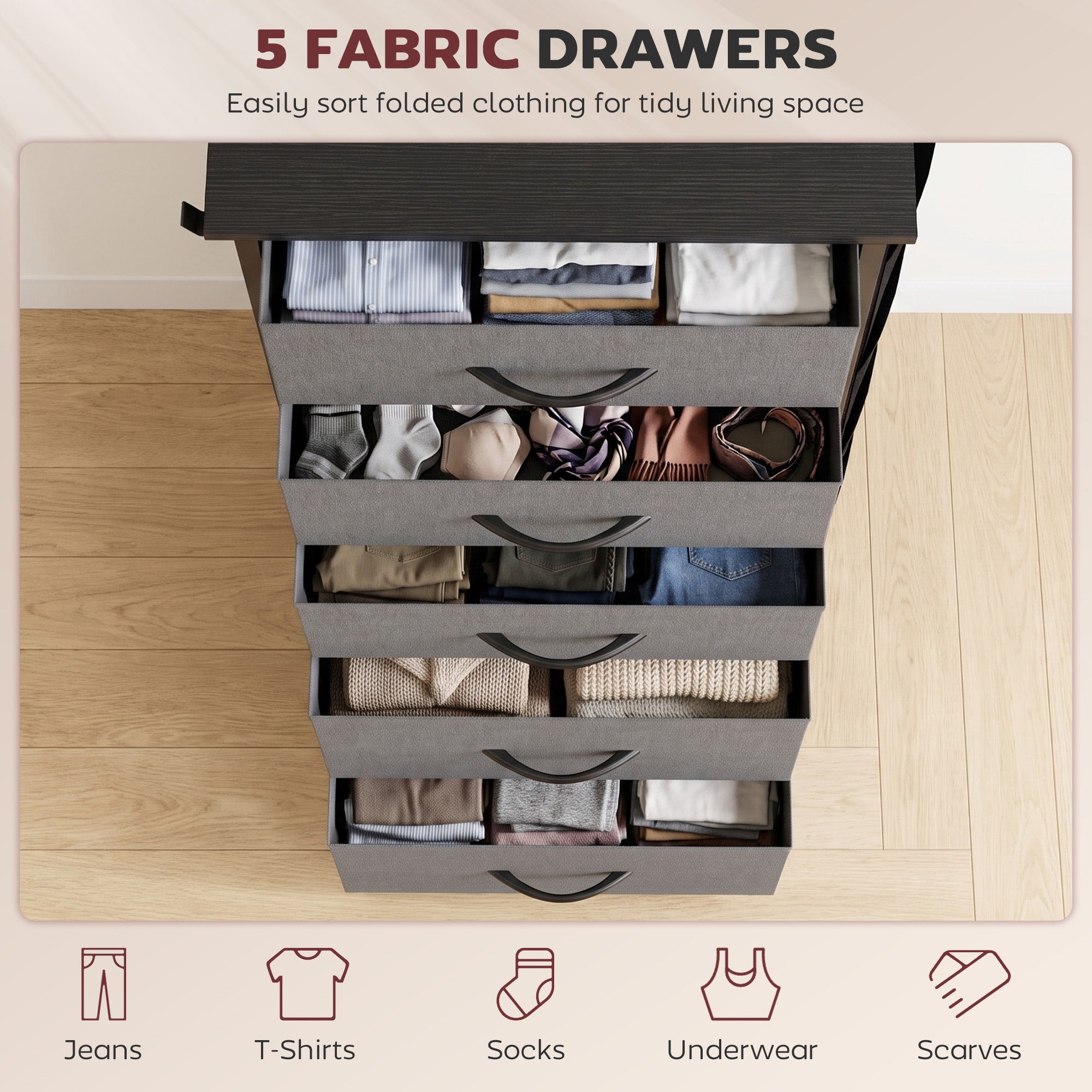 HOMCOM Chest of Drawers, Dresser with 5 Fabric Drawers, Tall Storage Unit with 4 Pockets and 2 Hooks Steel Frame, Charcoal Grey